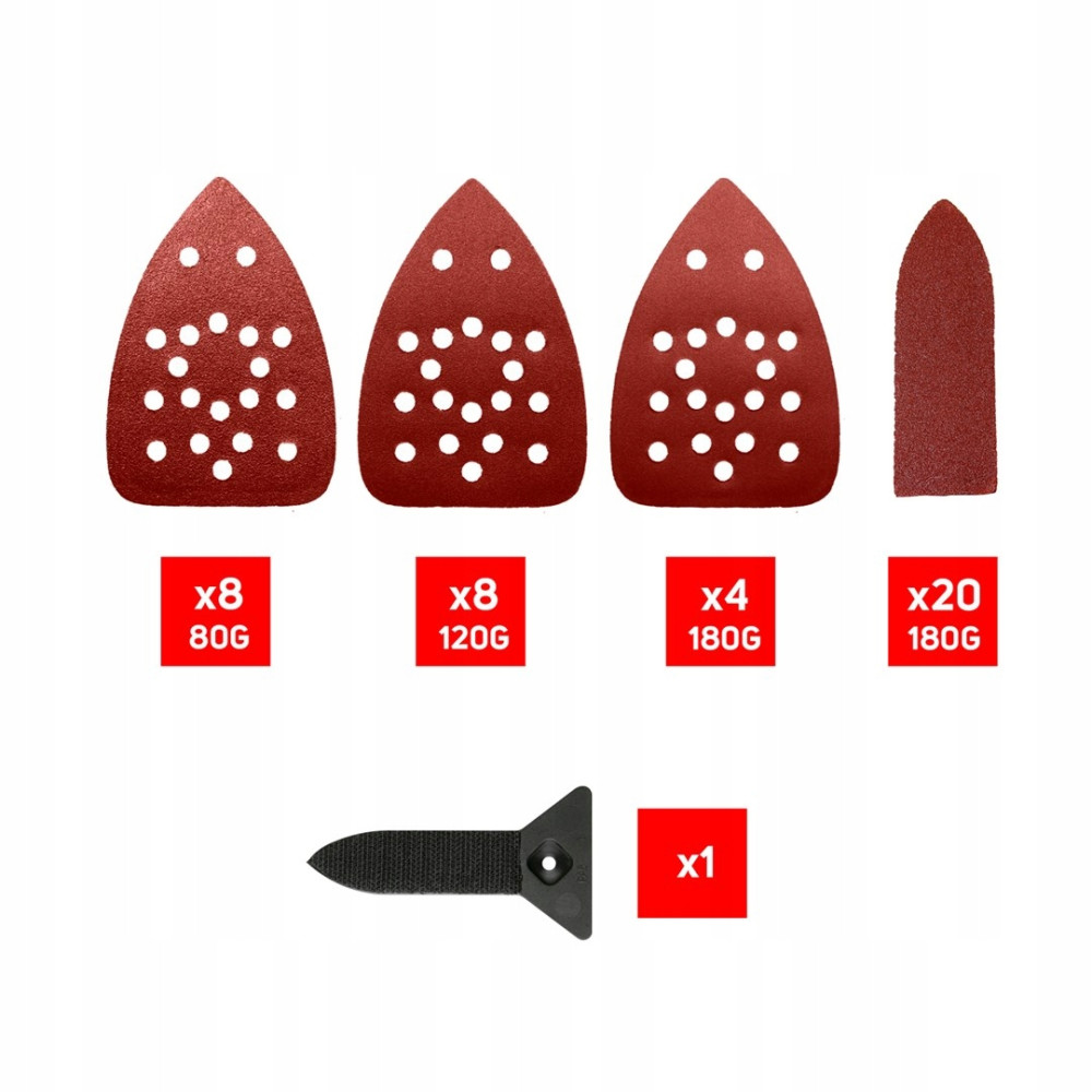 Triángulos de lija rojos (80, 120, 180 G) y una almohadilla de lijado.