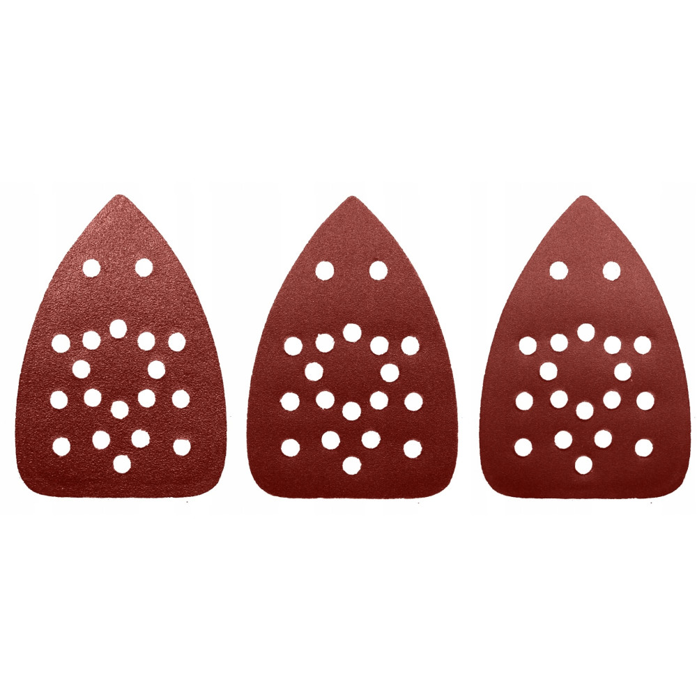 Tres hojas de lija granate con patrón de agujeros sobre fondo blanco.