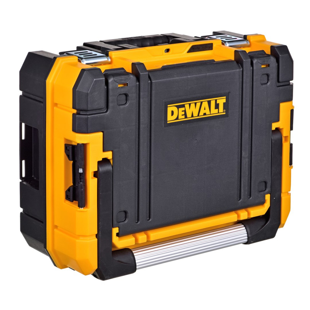 Caja de herramientas DeWalt negra y amarilla con asa y logo plateados.