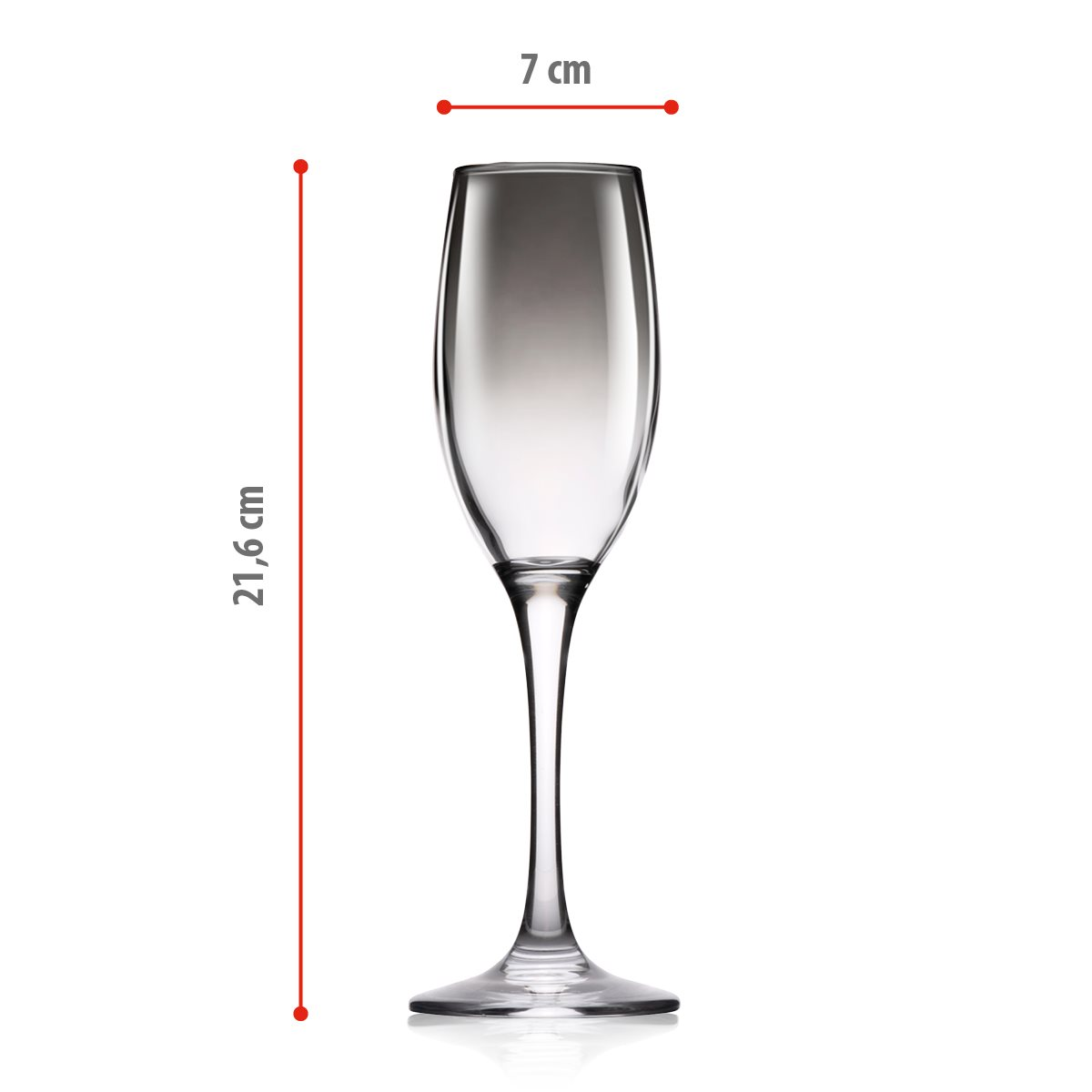 A clear wine glass with a stem measuring 21.6 cm and a width of 7 cm.