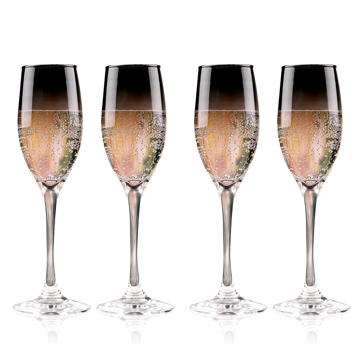Four champagne flutes with black rims, filled with bubbly beverage.