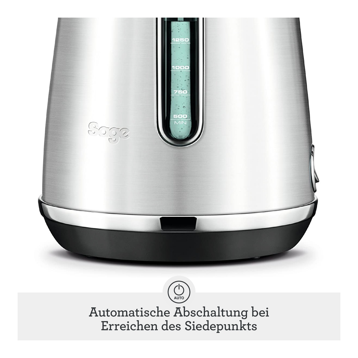 Edelstahlwasserkocher mit Wasserstandsanzeige und "Auto"-Symbol.