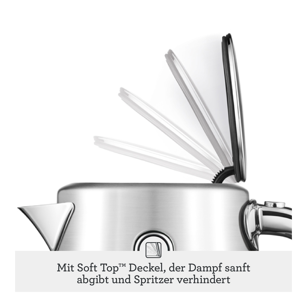 Edelstahl-Wasserkocher mit sich öffnendem Deckel und Text.