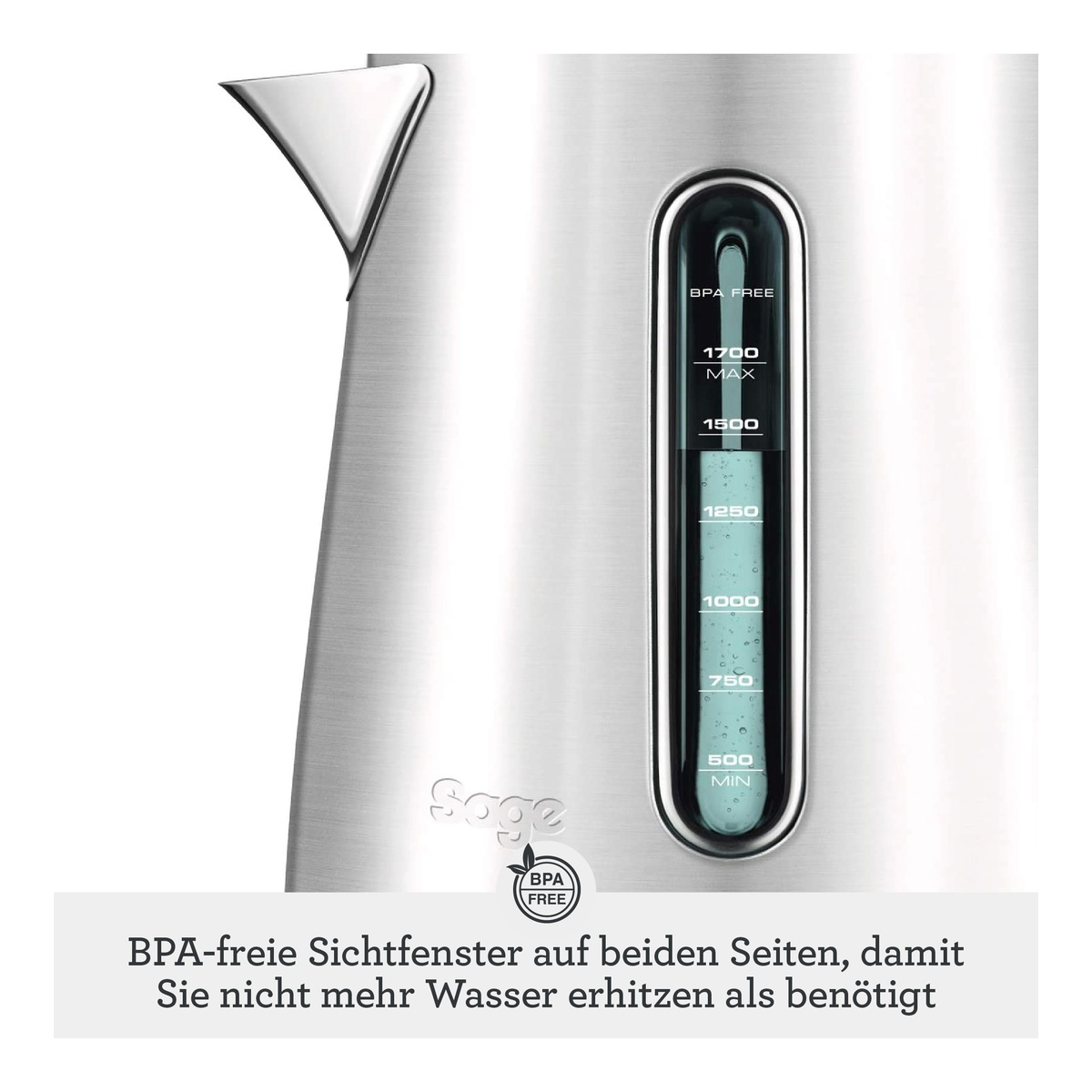 Edelstahlwasserkocher mit BPA-freiem Sichtfenster, das Wasserstand anzeigt.