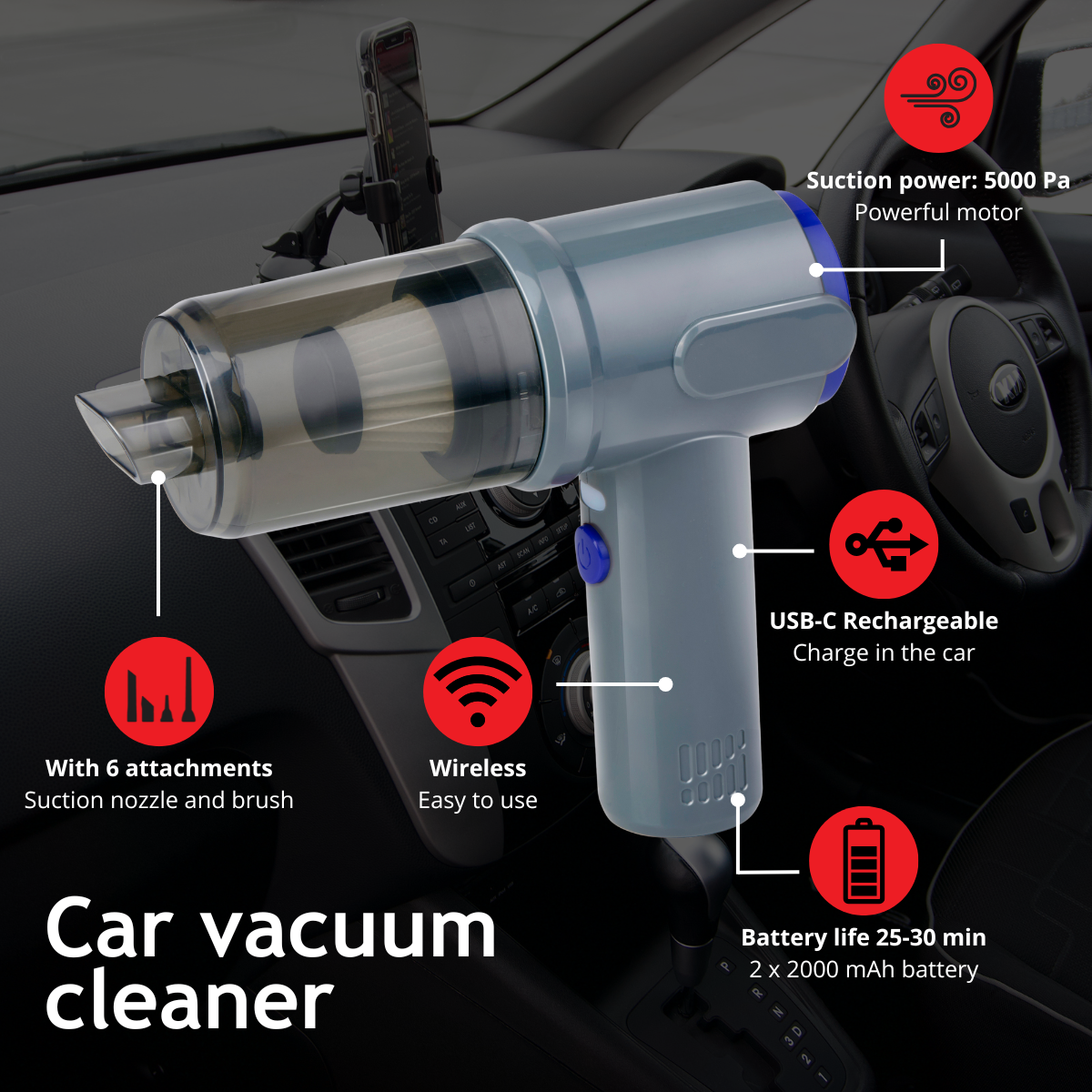 Portable car vacuum cleaner with attachments, USB-C, 5000 Pa suction power.