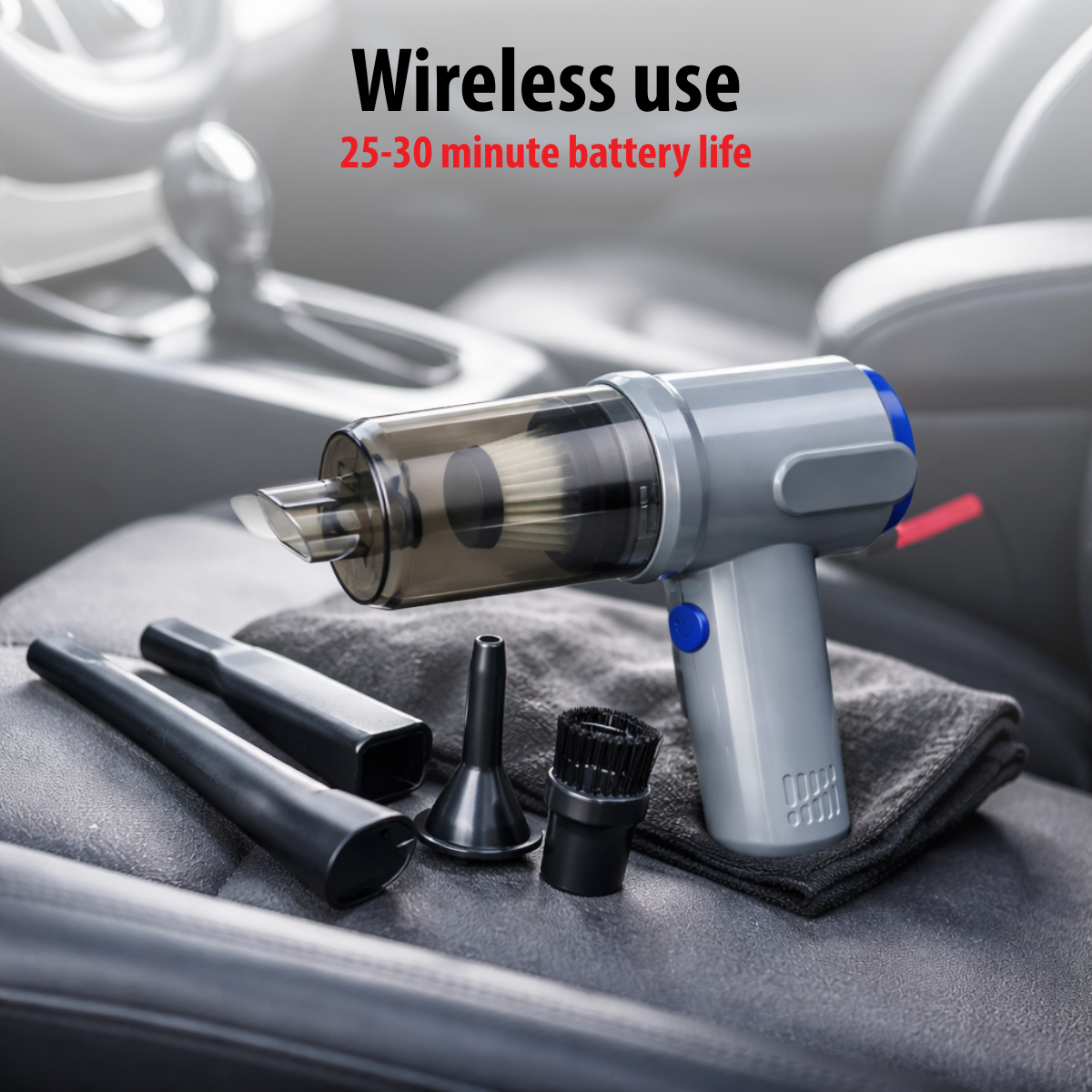 Portable vacuum cleaner with accessories on a car seat. Text: Wireless, 25-30 min battery life.