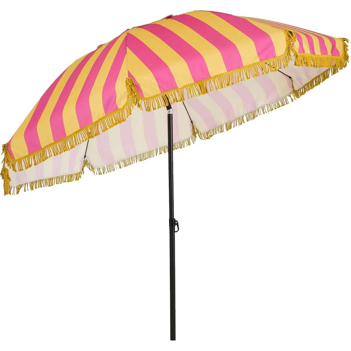 A striped parasol with yellow and pink stripes and fringe detailing.