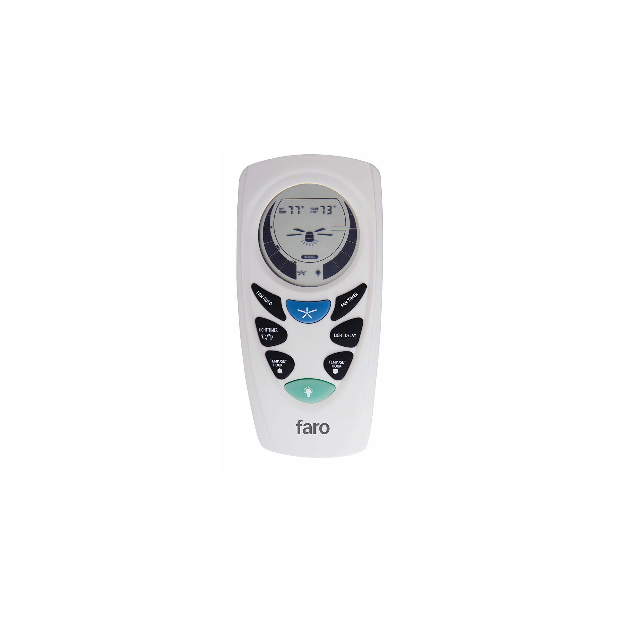 Un telecomando per ventilatore bianco con schermo LCD e pulsanti.