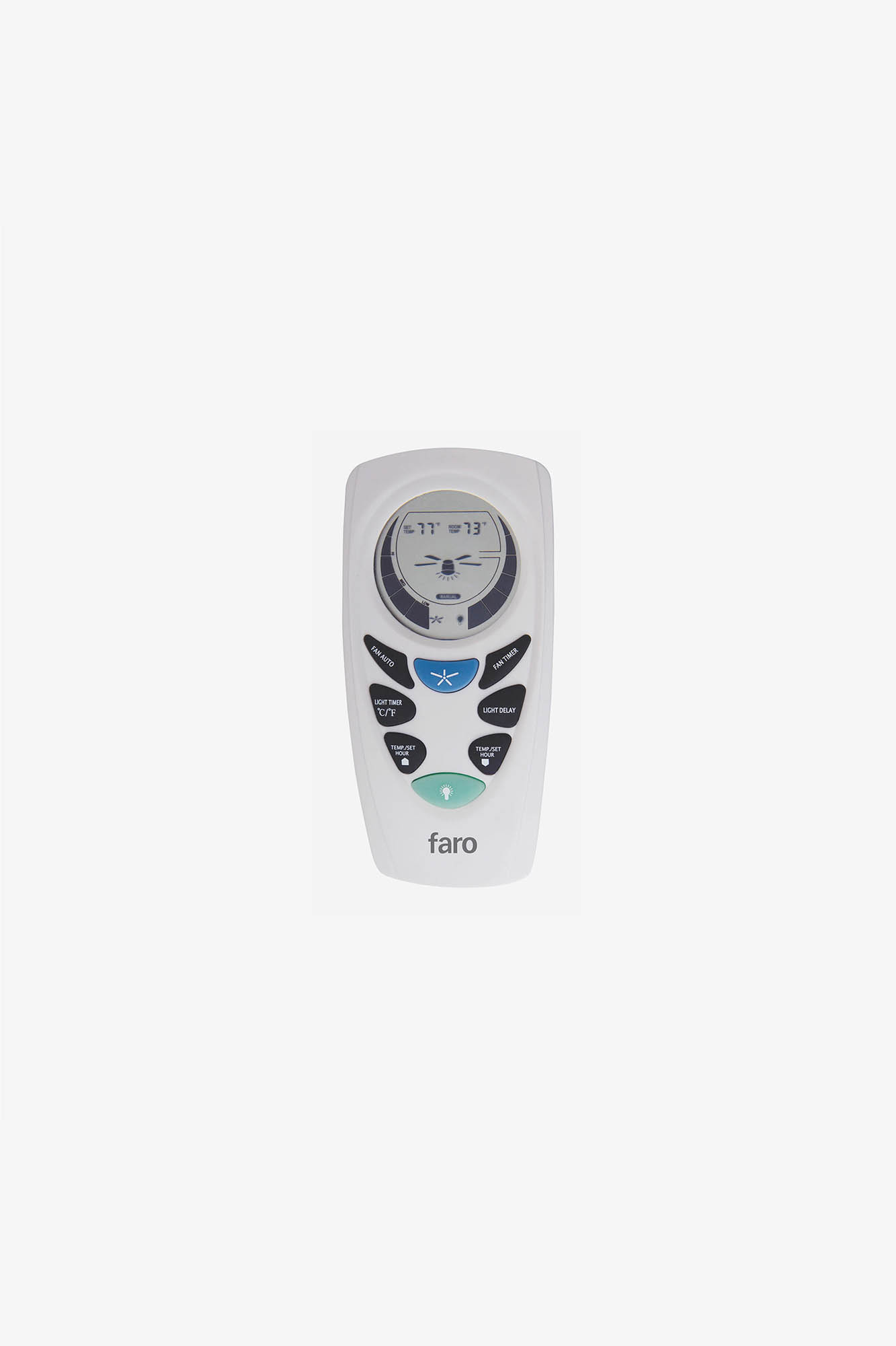 Telecomando bianco con schermo LCD e pulsanti per ventola e luce.