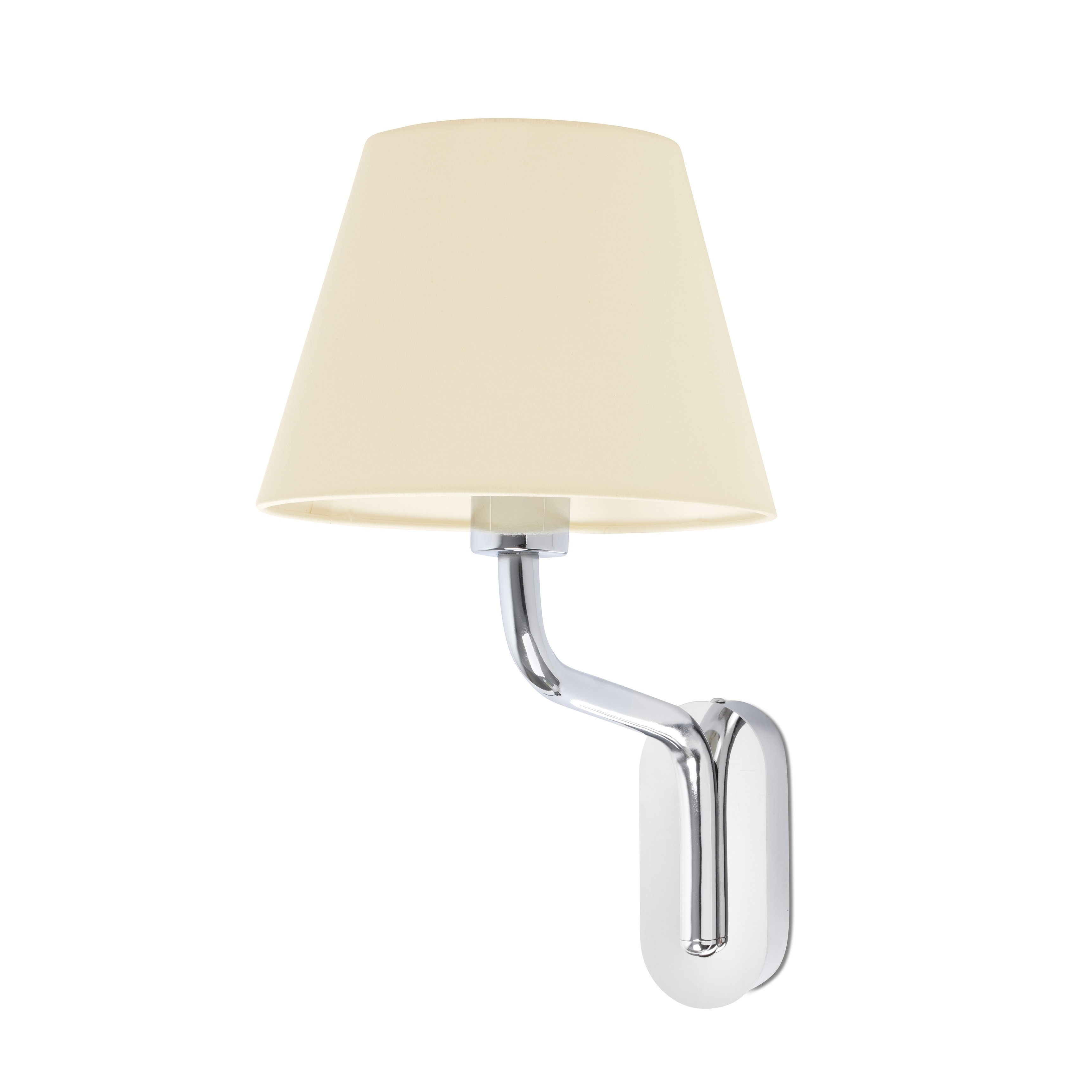 Una lampada da parete con paralume color crema e braccio argentato.