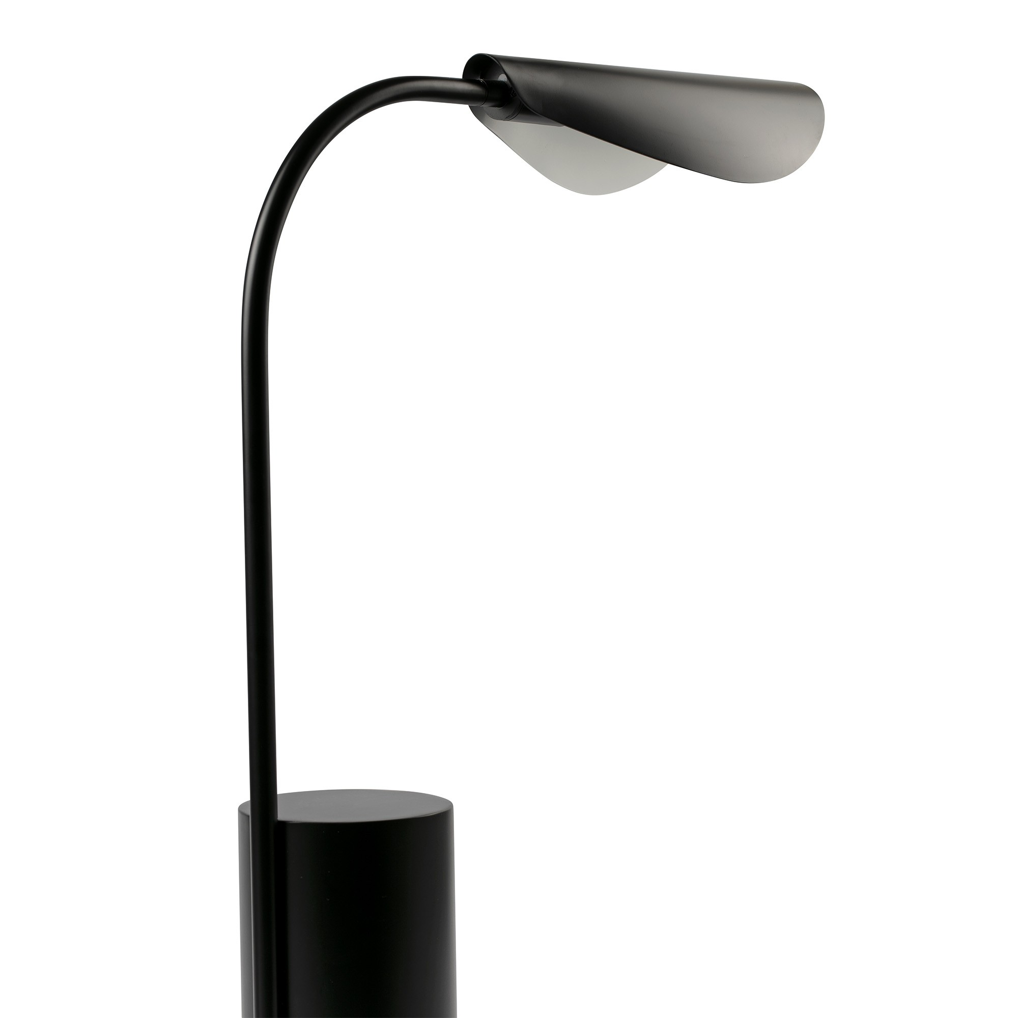 Lampada da terra nera con braccio curvo e paralume stretto, su base rotonda.