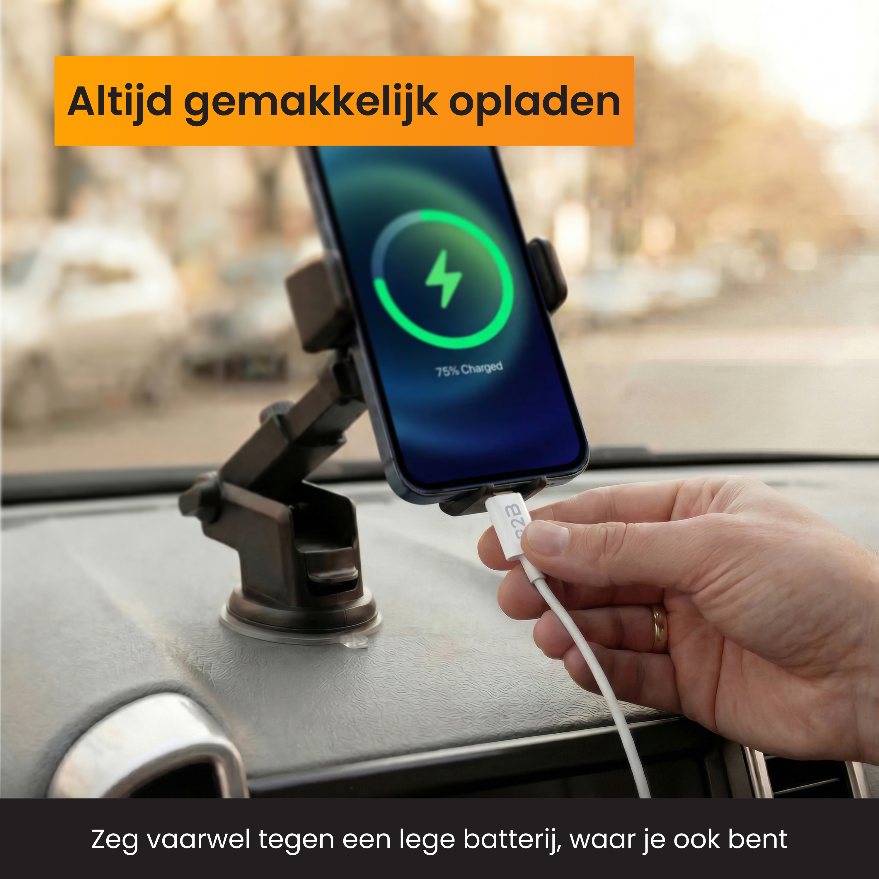 Un téléphone se charge dans une voiture. Un câble de chargement est branché.