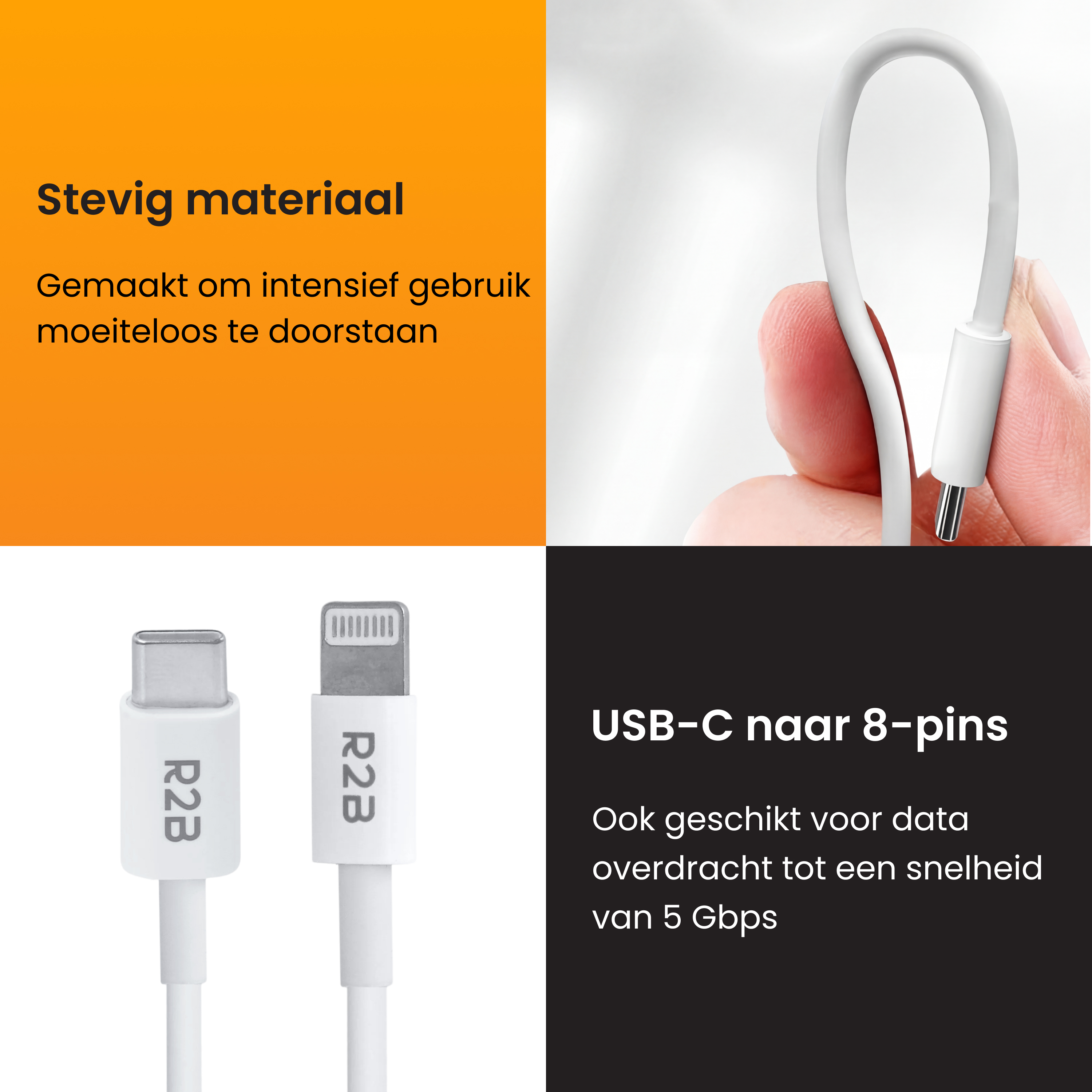 Un câble USB-C vers 8 broches en matériau résistant pour un usage intensif.