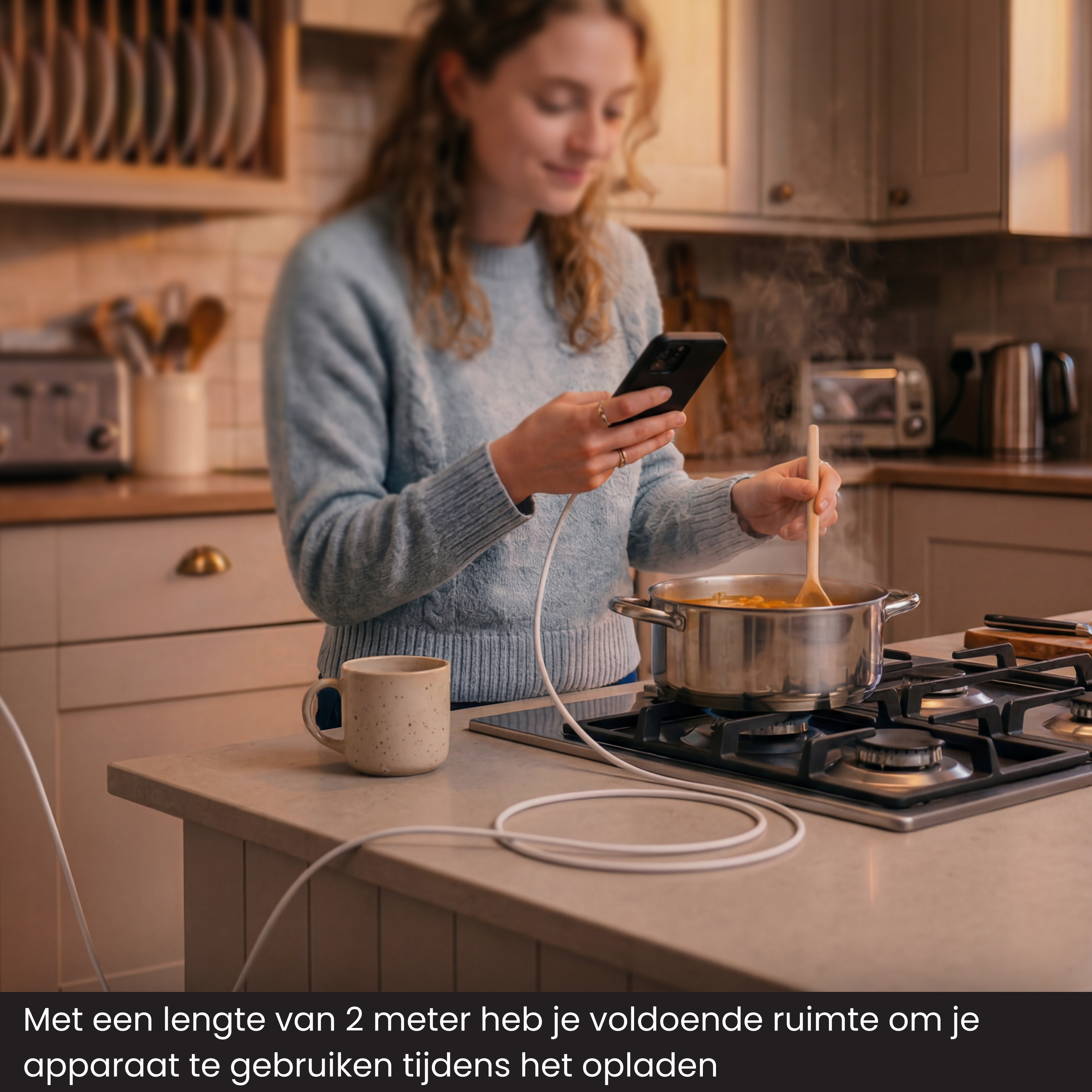 Une femme cuisine dans la cuisine tout en utilisant son téléphone.
