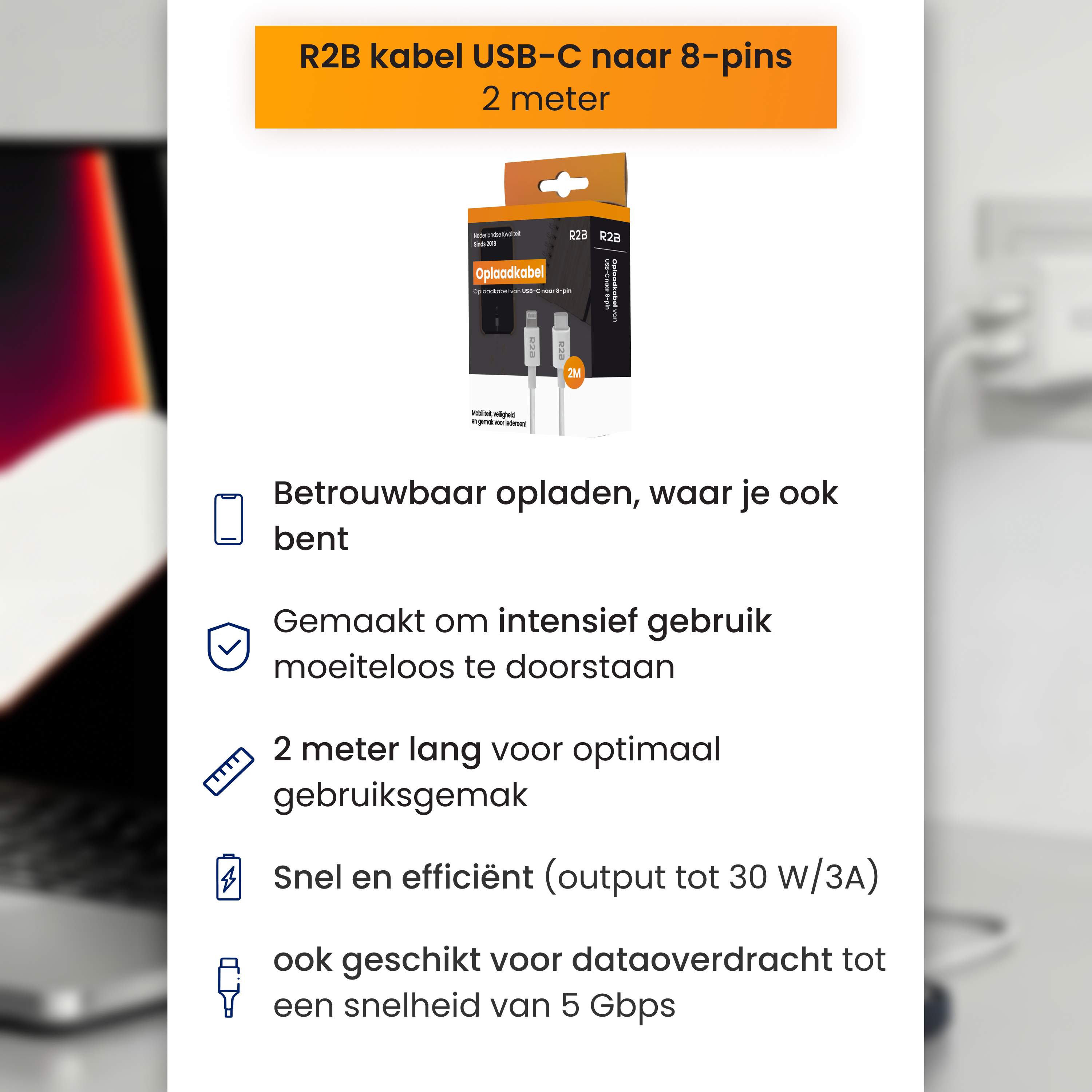 Un câble USB-C vers 8 broches blanc avec emballage orange et caractéristiques produit.