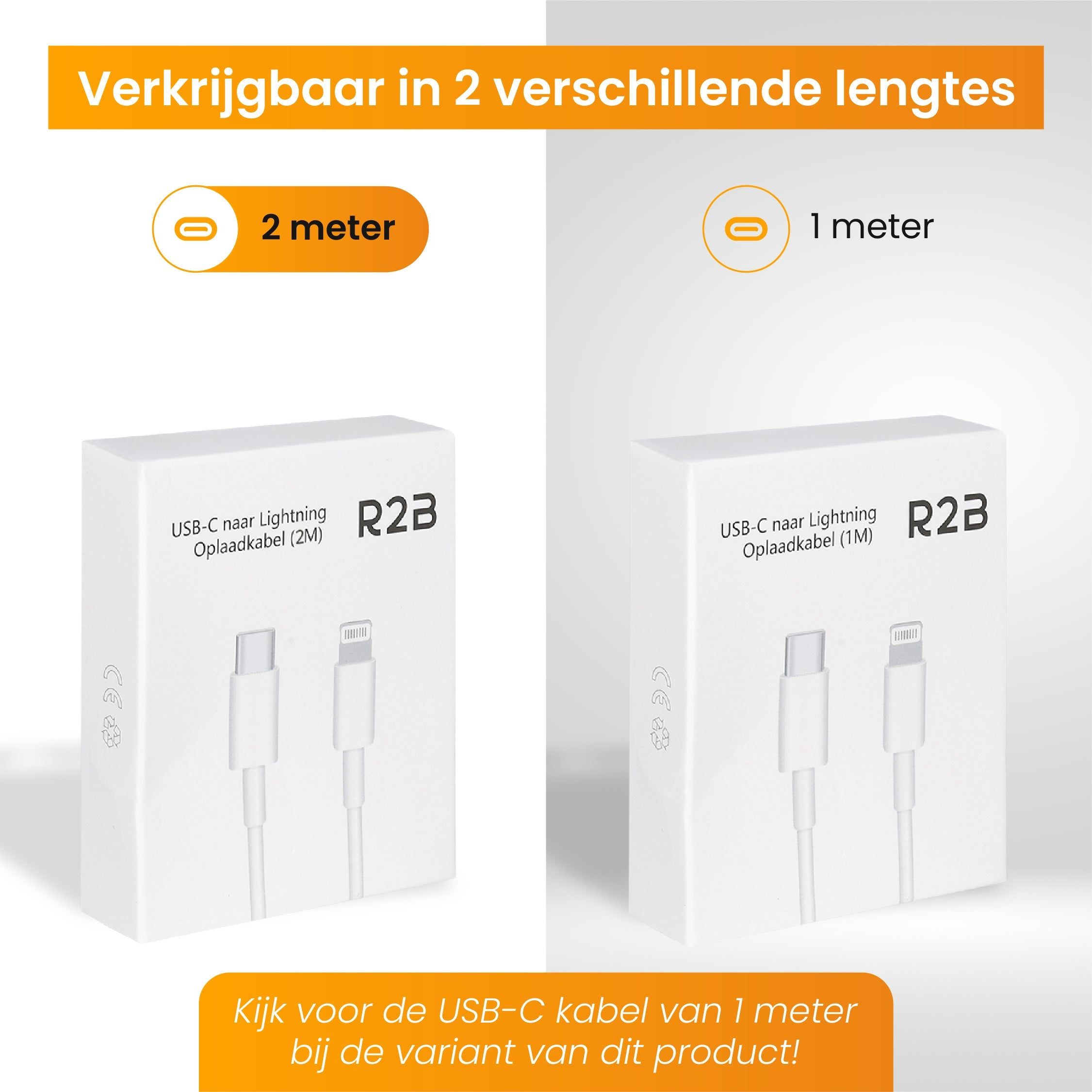 Emballage de câbles USB-C vers Lightning de 1m et 2m.