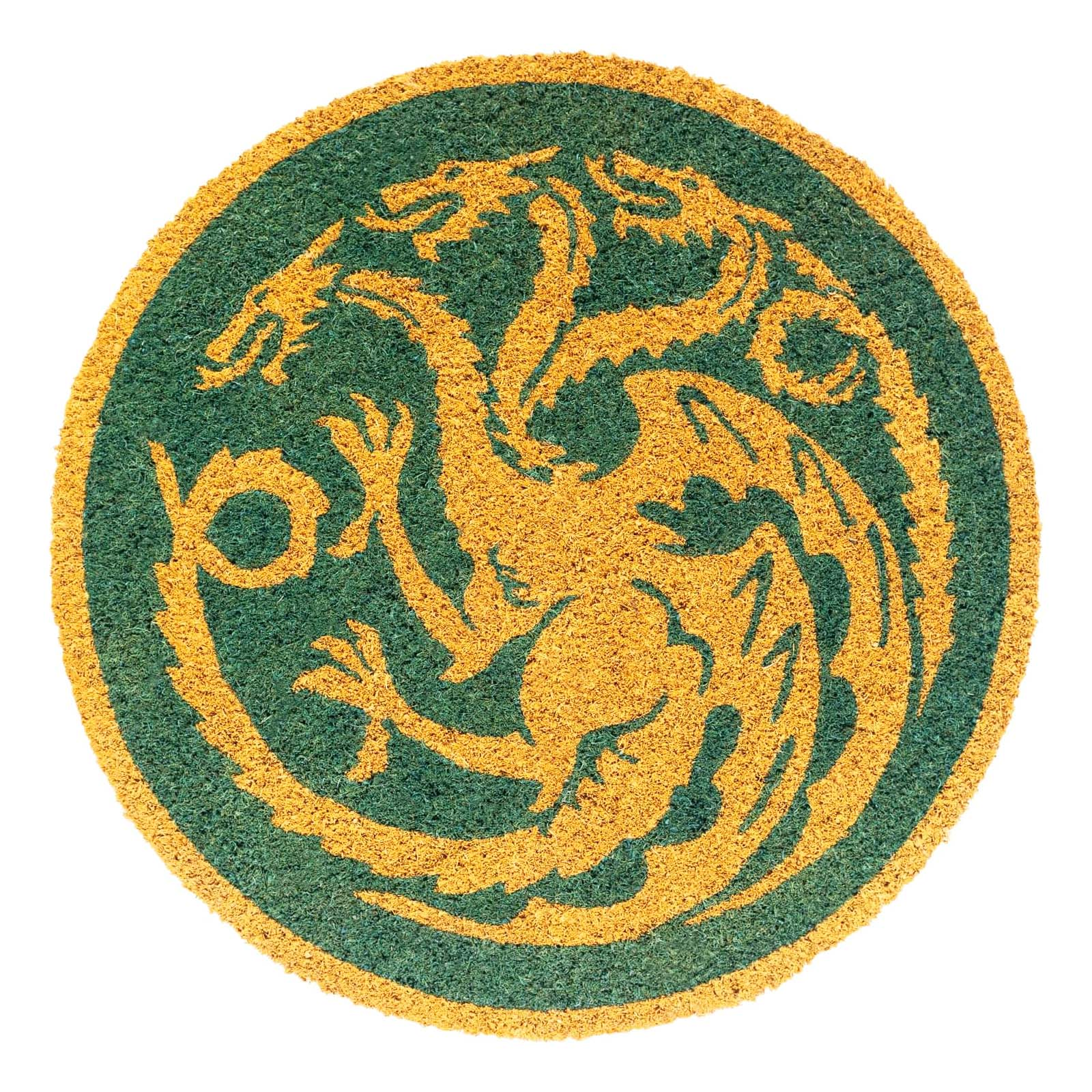 Tappeto rotondo con drago a tre teste giallo su sfondo verde.