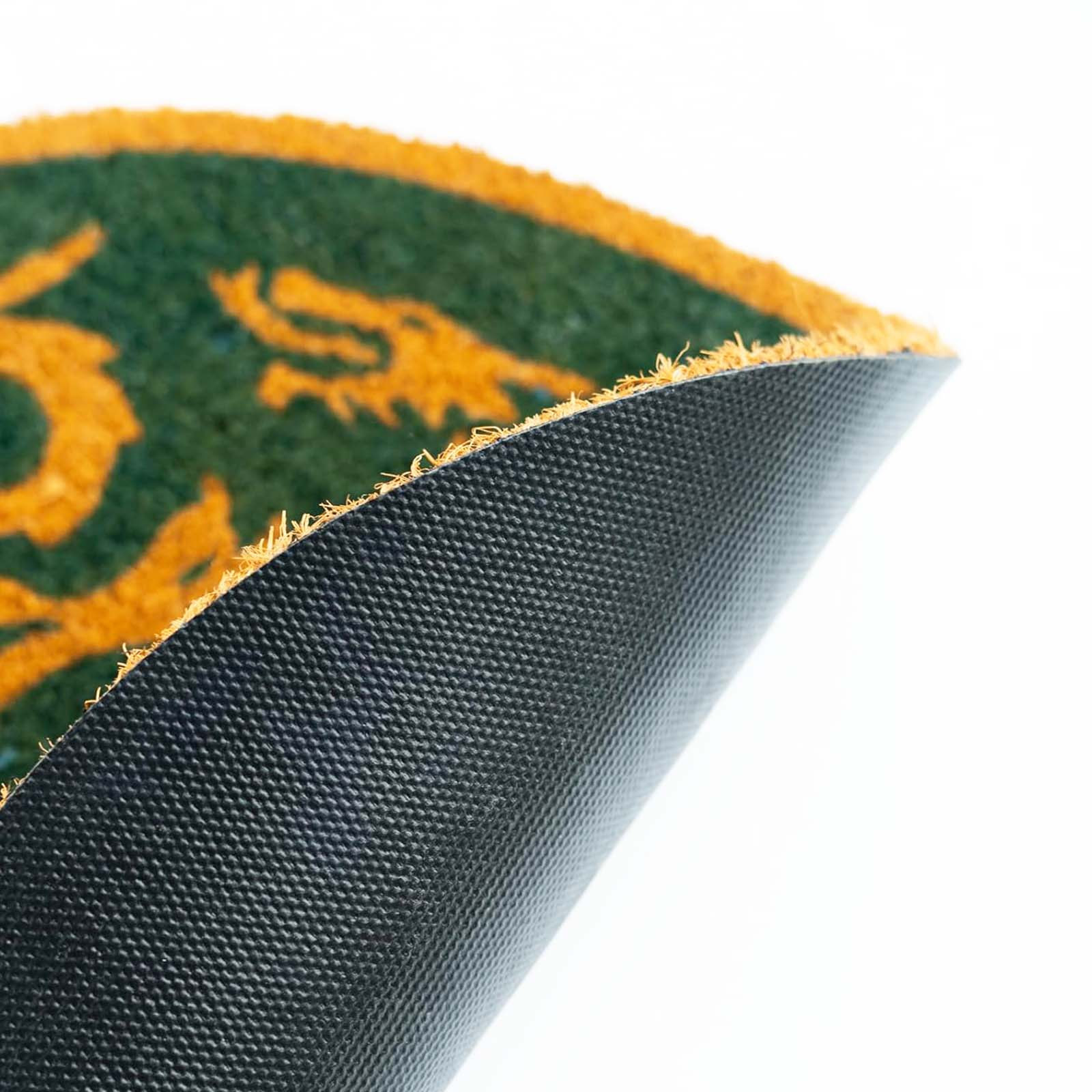 Tappeto verde con drago arancione e retro in gomma.