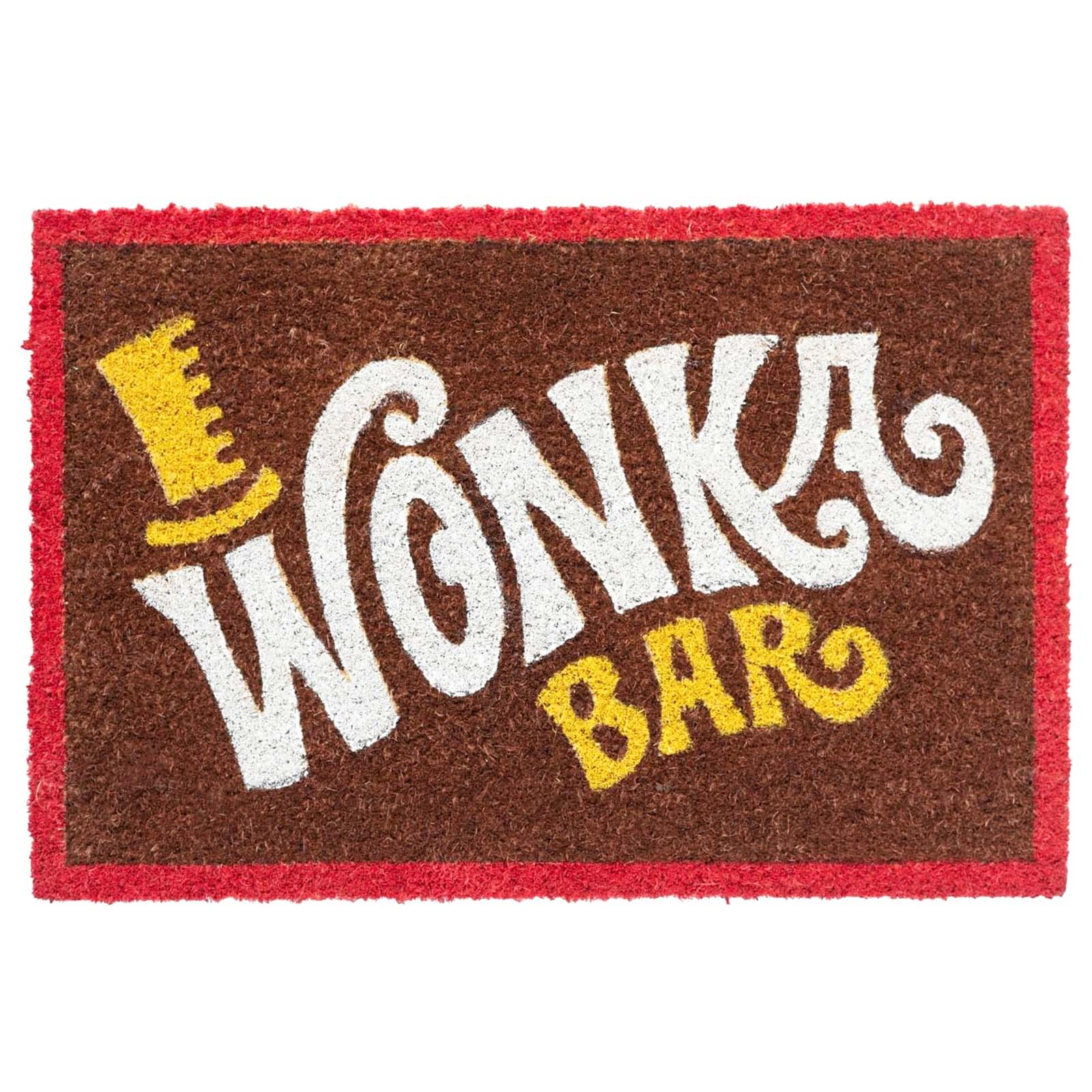 Tappetino marrone con bordo rosso, che mostra "Wonka Bar" in bianco e giallo.