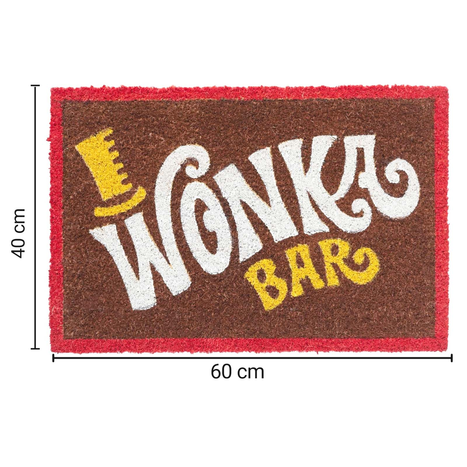 Tappetino marrone con bordo rosso. Presenta cappello giallo e testo bianco Wonka Bar.