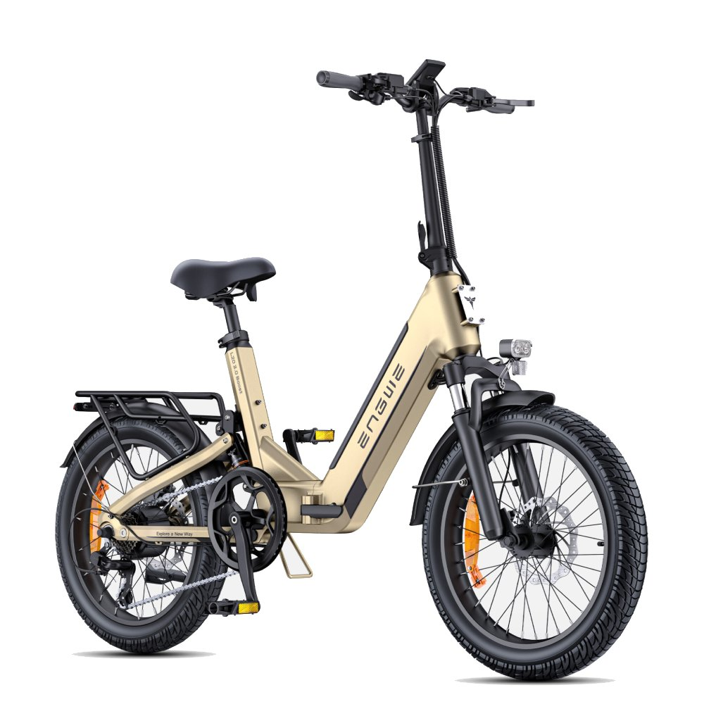 Una bicicletta elettrica pieghevole color oro con sella, portapacchi e pneumatici neri.