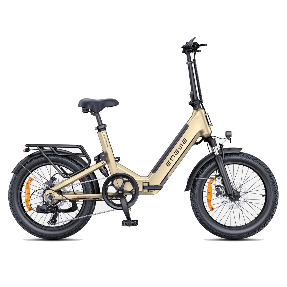 Una e-bike color sabbia con pneumatici, sella e manubrio neri.