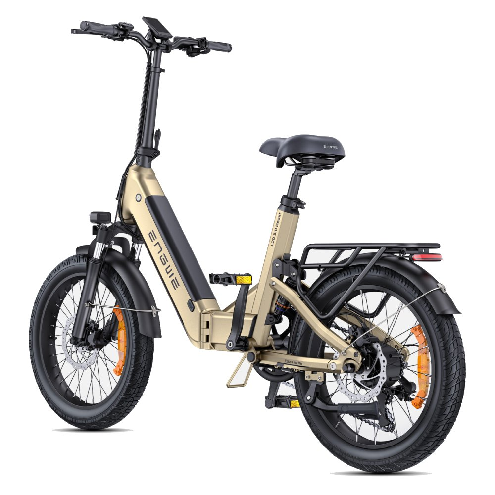 Bicicletta elettrica dorata con pneumatici larghi, portapacchi e display.
