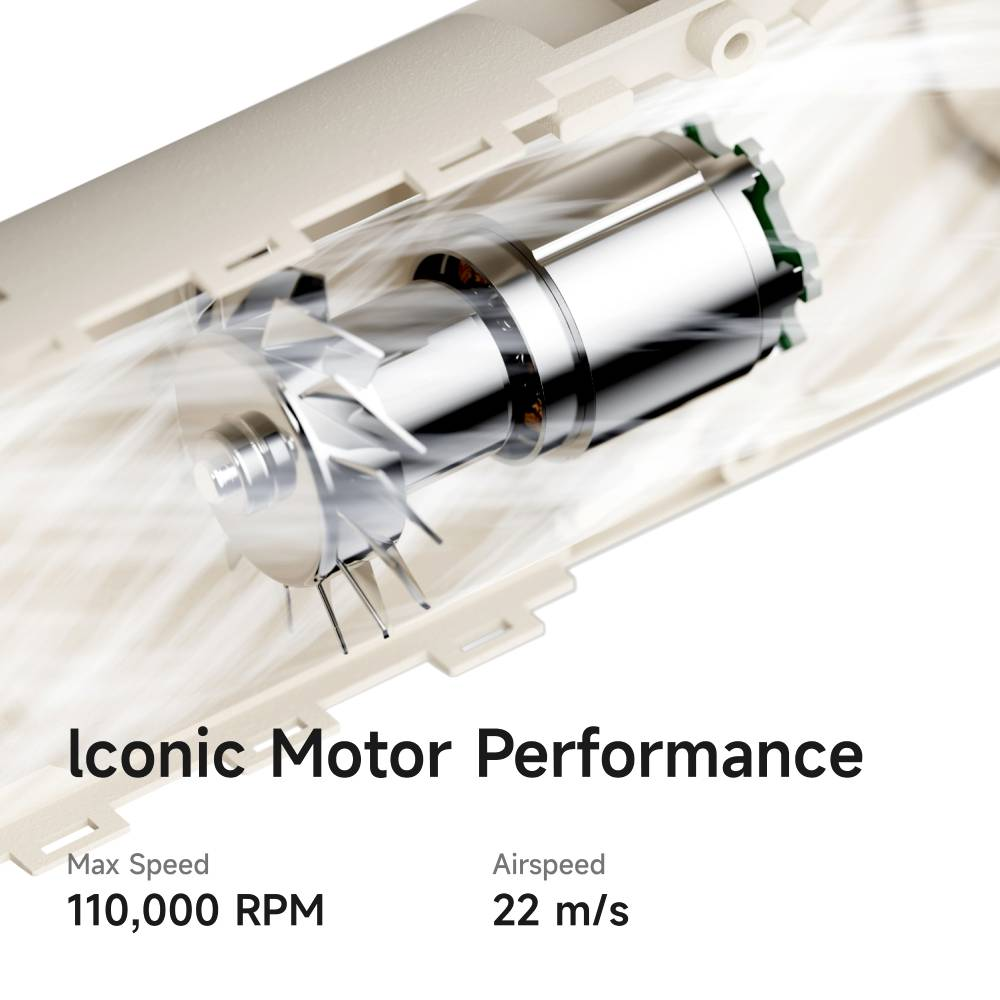 Ein glänzender Motor mit Lüfterrad dreht sich, umgeben von Luftstrom. Max. 110.000 U/min.