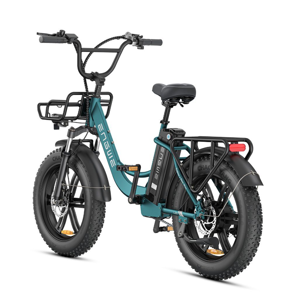 Niebiesko-zielony elektryczny rower fat bike z bagażnikami z przodu i z tyłu.