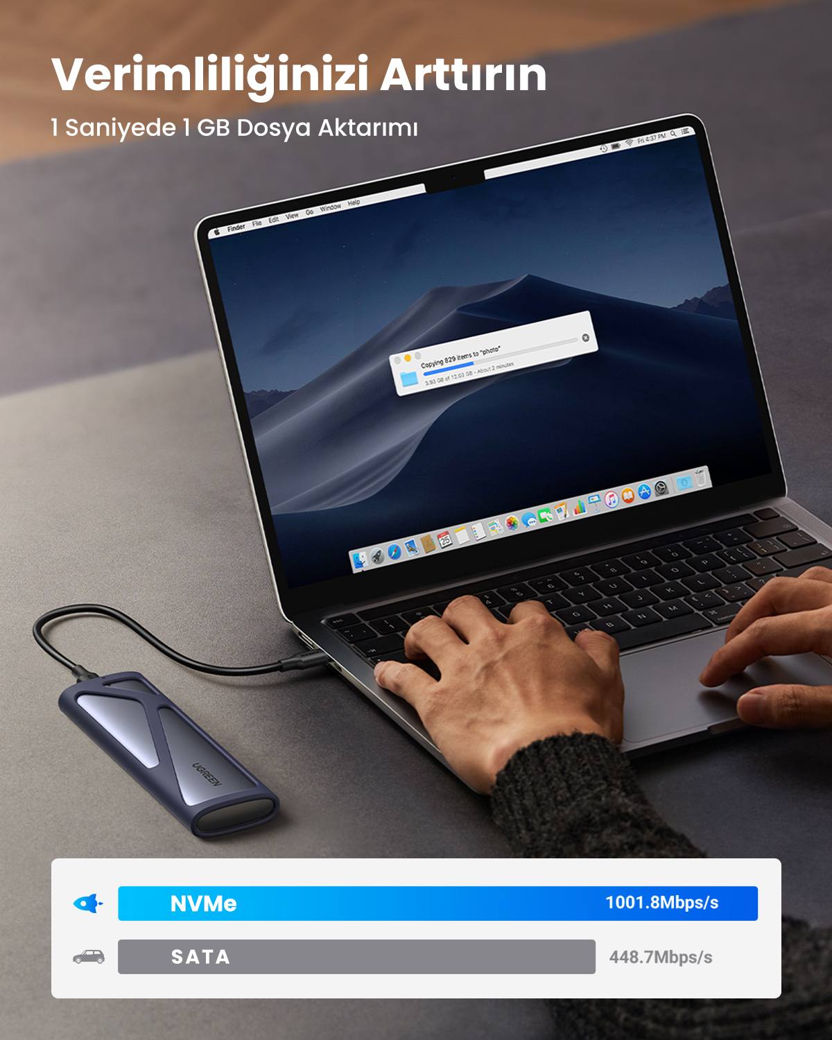 Laptop collegato a unità esterna, copia file. Velocità NVMe 1001.8Mbps/s.