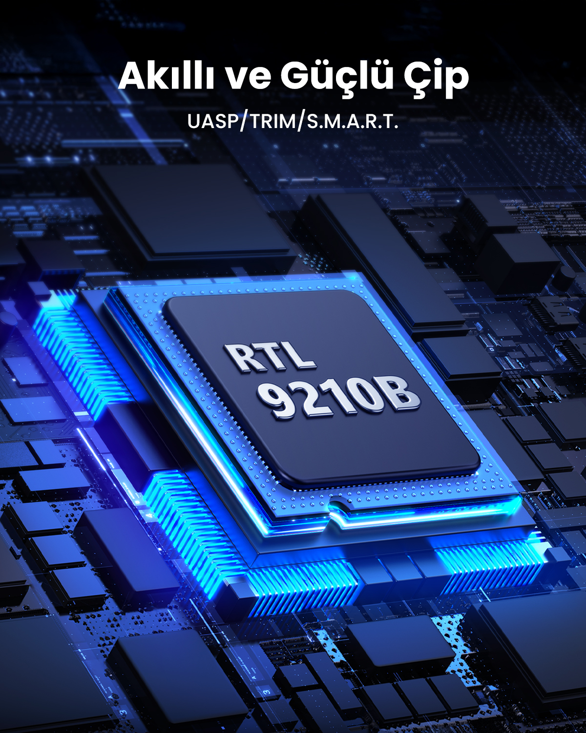 Un chip blu con etichetta RTL 9210B su un circuito stampato con illuminazione blu.
