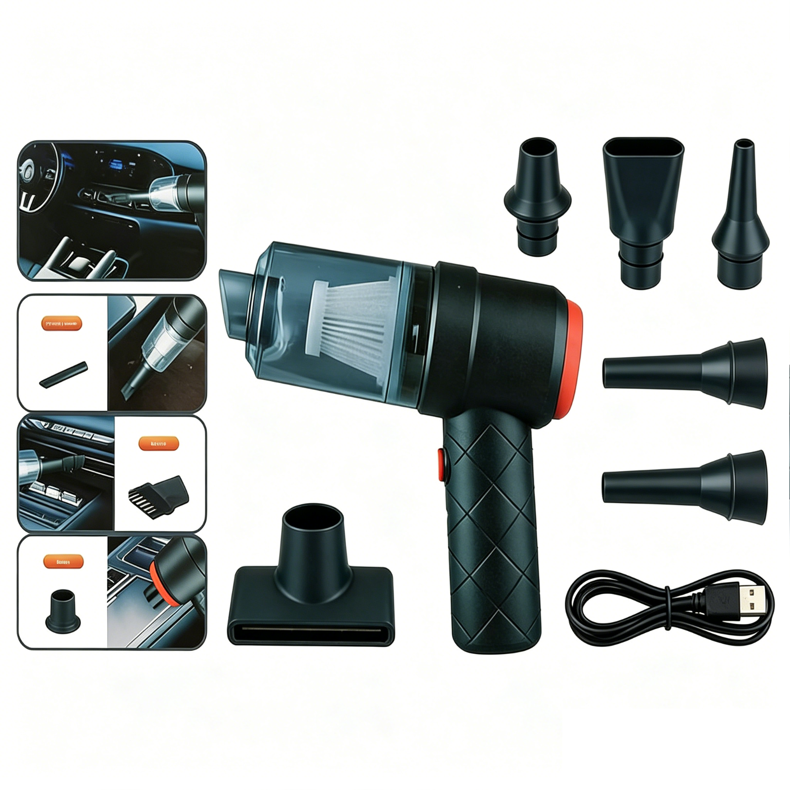 Aspirapolvere portatile con accessori e cavo USB. Mostrato con dettaglio interno auto.