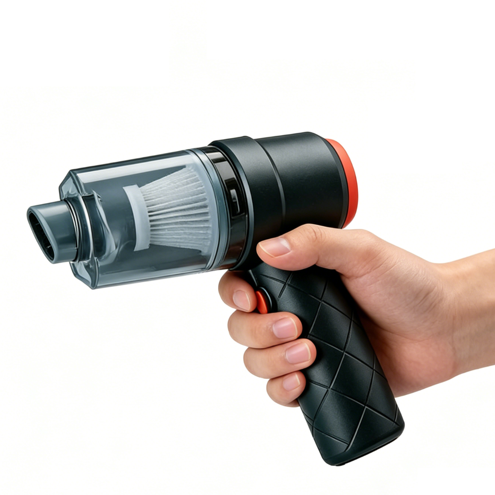 Una mano tiene un aspirapolvere portatile senza fili nero con contenitore trasparente.