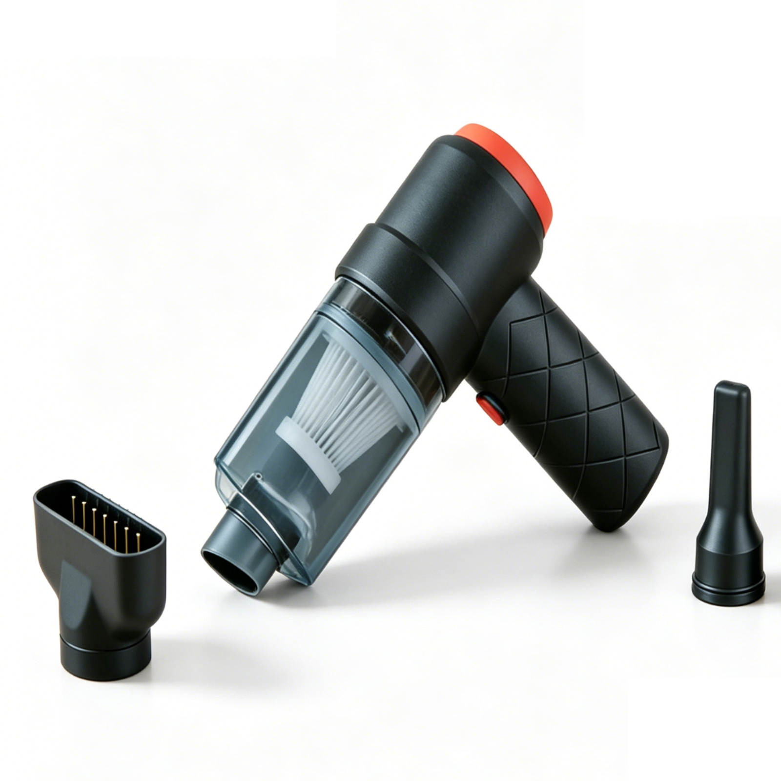 Un aspirapolvere portatile nero con contenitore trasparente, filtro e accessori.