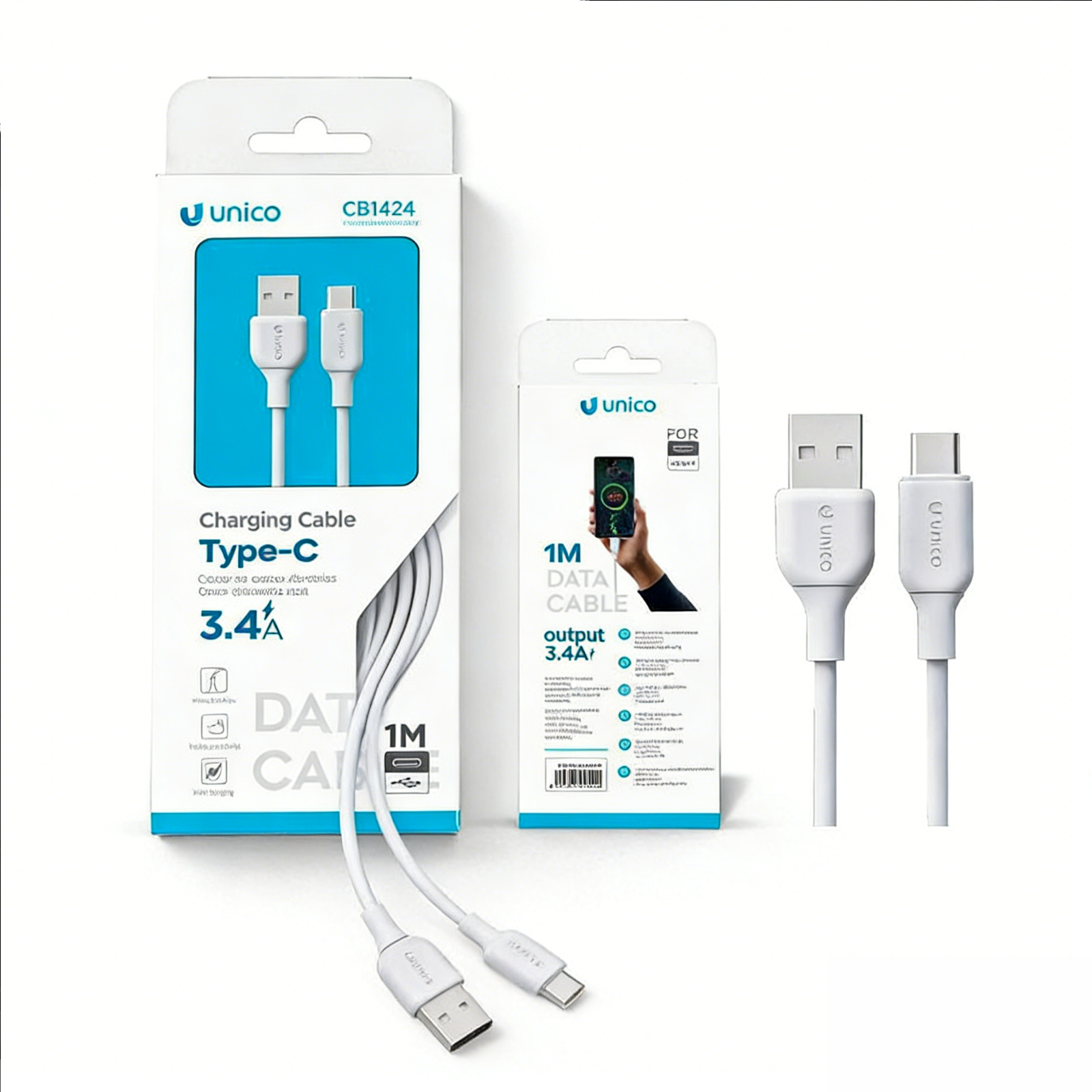 Due cavi di ricarica Unico bianchi con connettori USB-A e USB-C, imballati e separati.