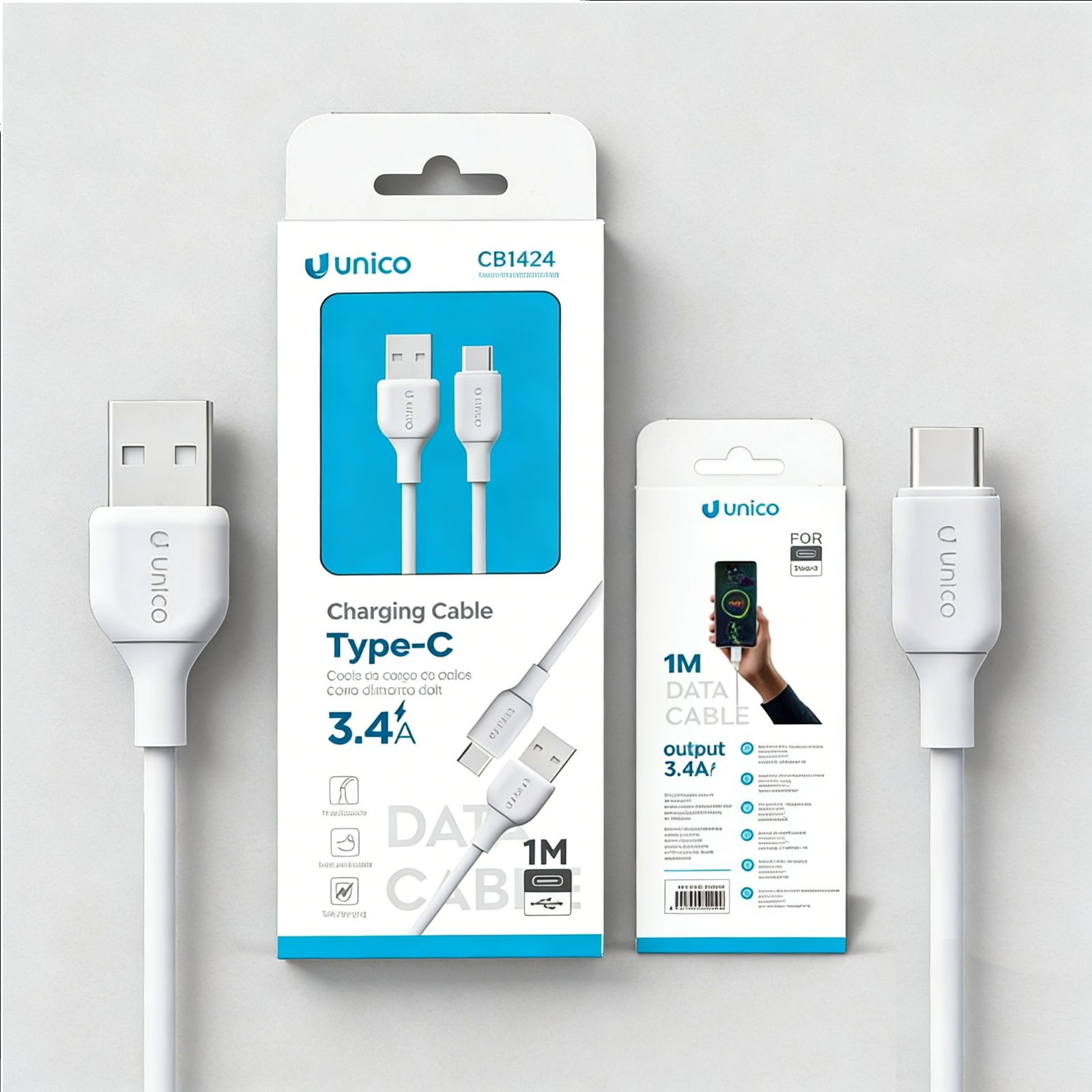 Cavi di ricarica USB-C bianchi con confezione, un cavo con USB-A, uno con USB-C.