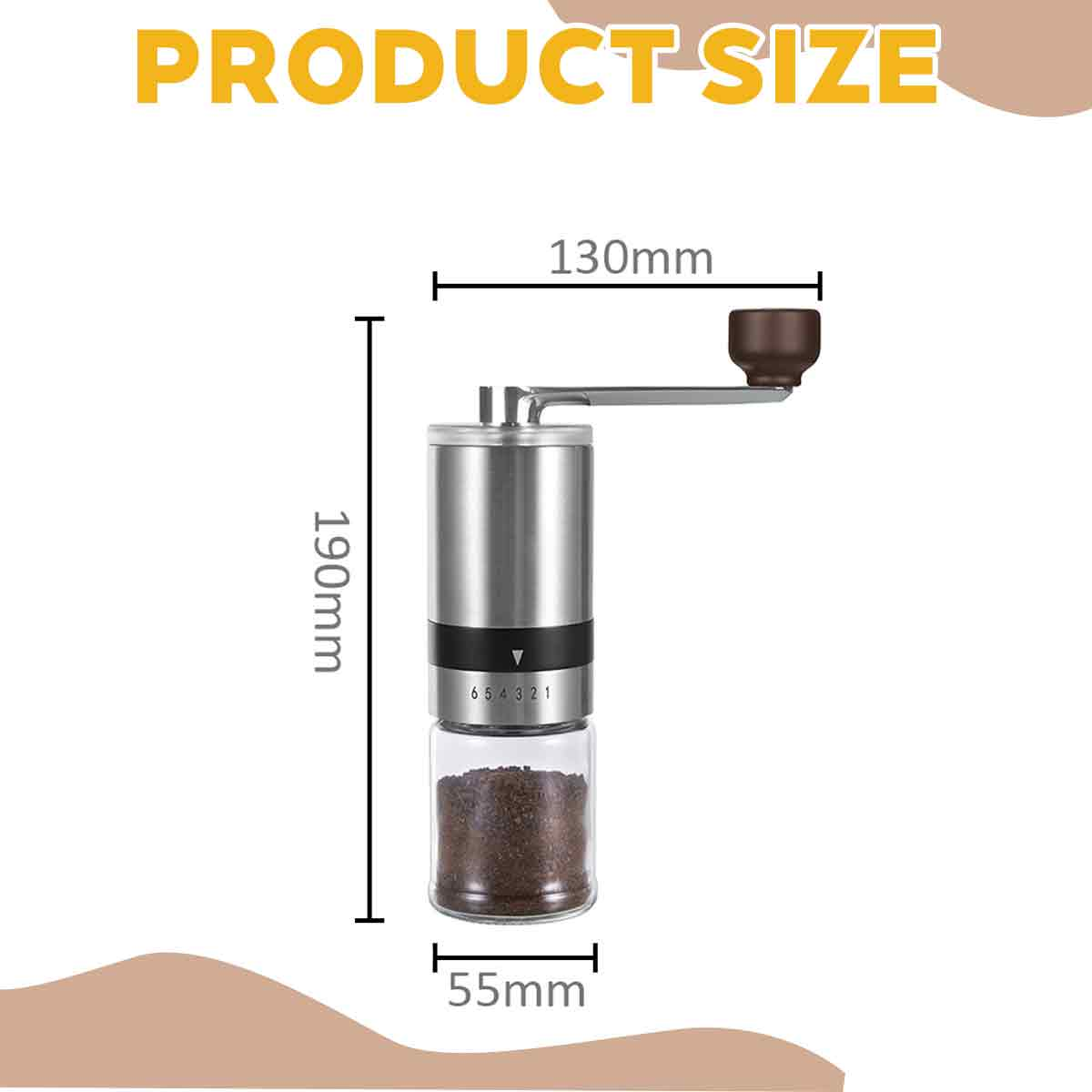 Kaffeemühle mit Maßen: 190mm hoch, 130mm breit, 55mm tief. Gefüllt mit Kaffee.