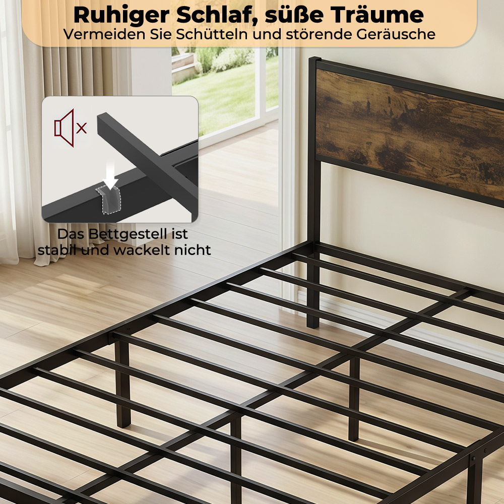 Ein schwarzes Metallbettgestell mit Holz-Kopfteil wird gezeigt. Ein Detail zeigt, wie stabil es ist.