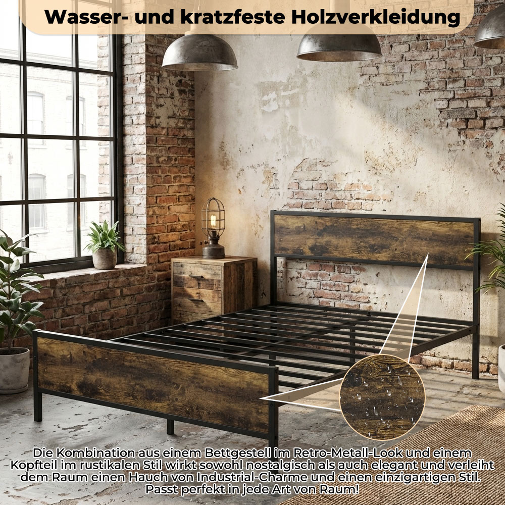 Ein rustikales Bettgestell mit Holzverkleidung und Metallrahmen.