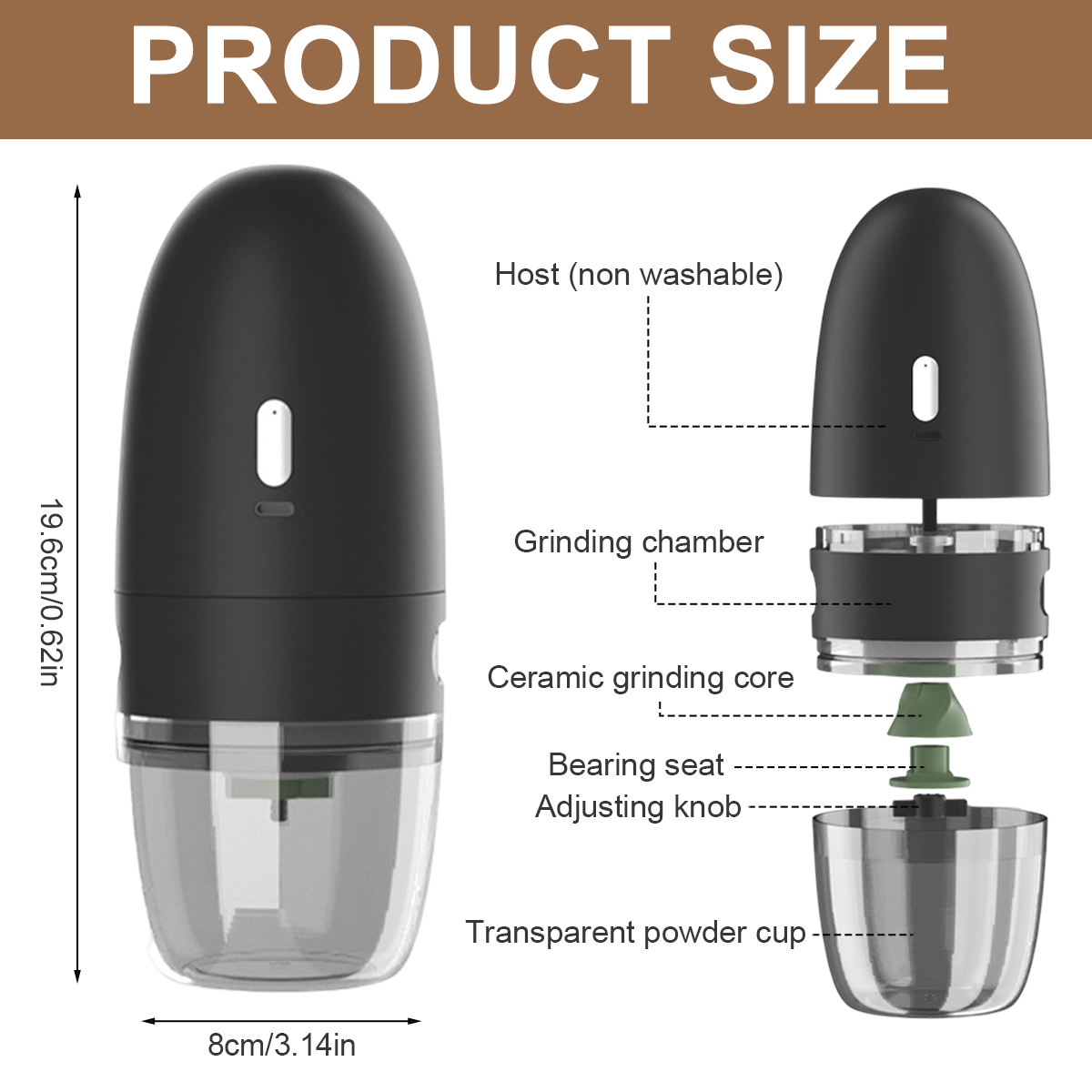 Größendiagramm eines schwarzen Kaffeemühlengrinders. Maße: 19,6 cm hoch, 8 cm breit.