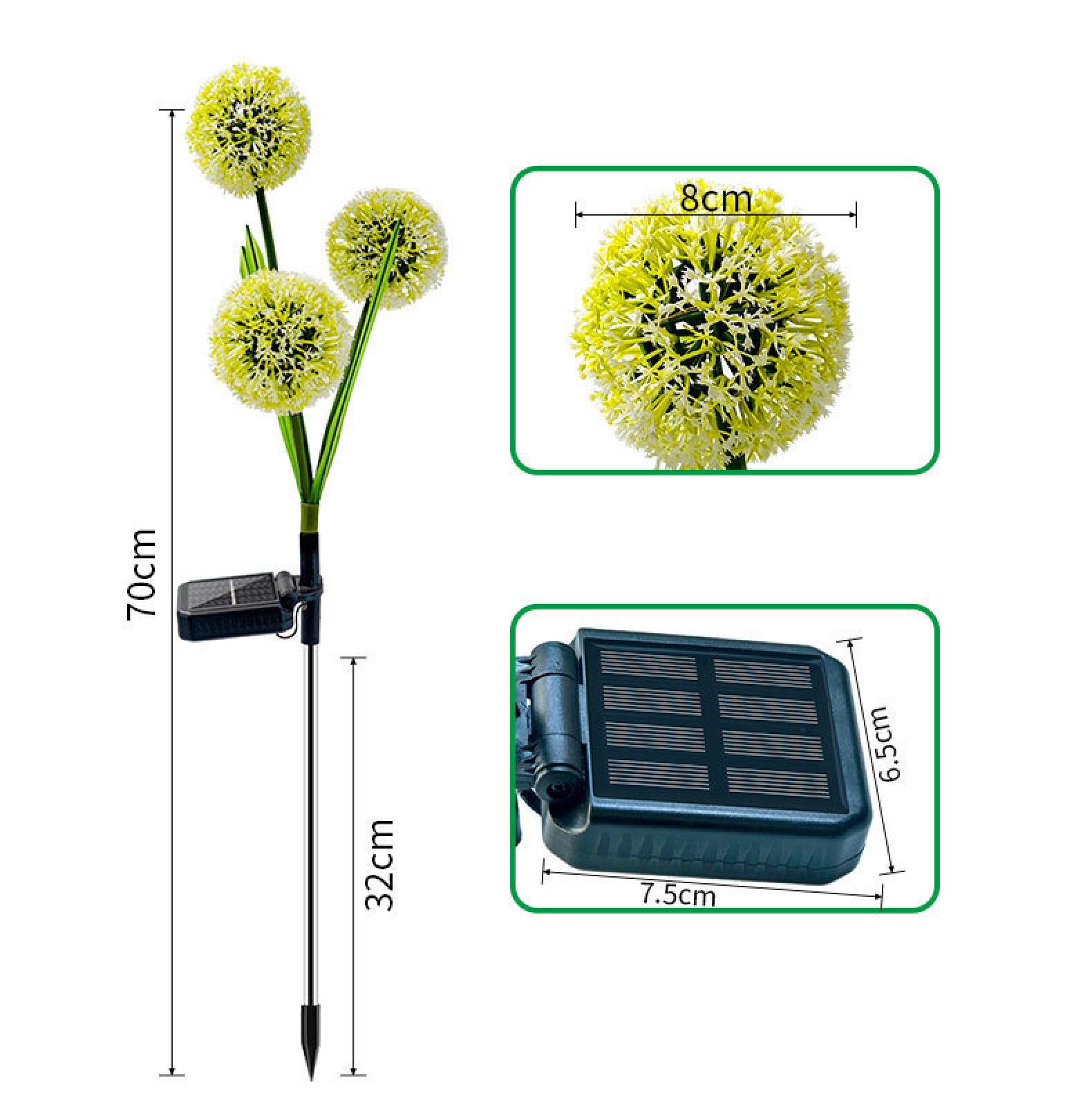 Eine Solarleuchte mit gelben Kugeln, 70cm hoch, mit 8cm Kugeldurchmesser.