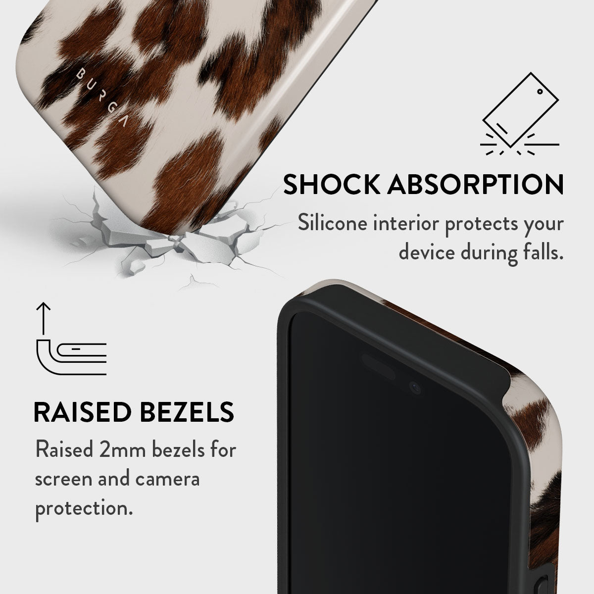 Coque de téléphone à motif vache, texte sur absorption des chocs et bords surélevés.