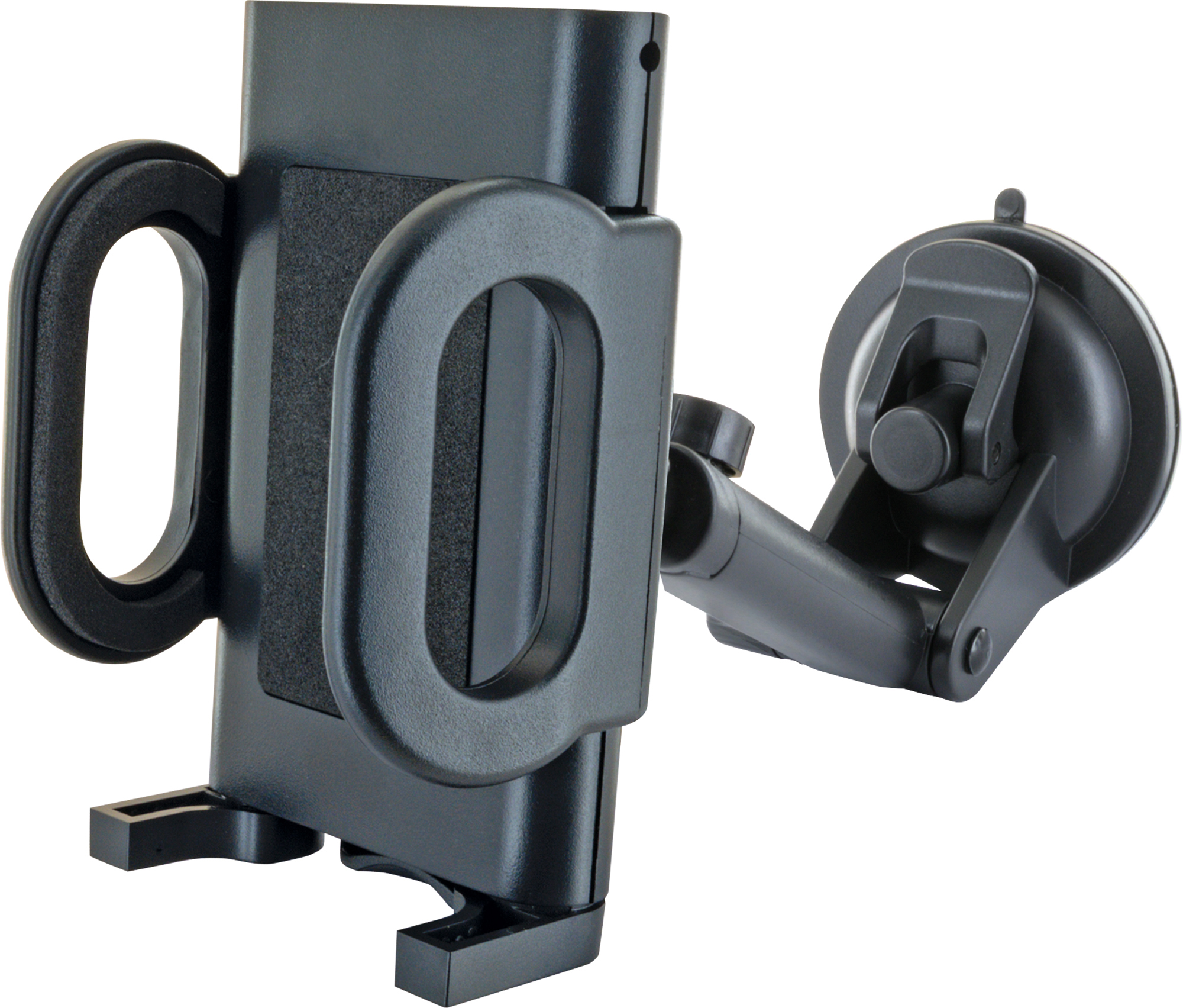 Schwarzer Handyhalter mit Saugnapf und verstellbarem Arm auf weißem Hintergrund.