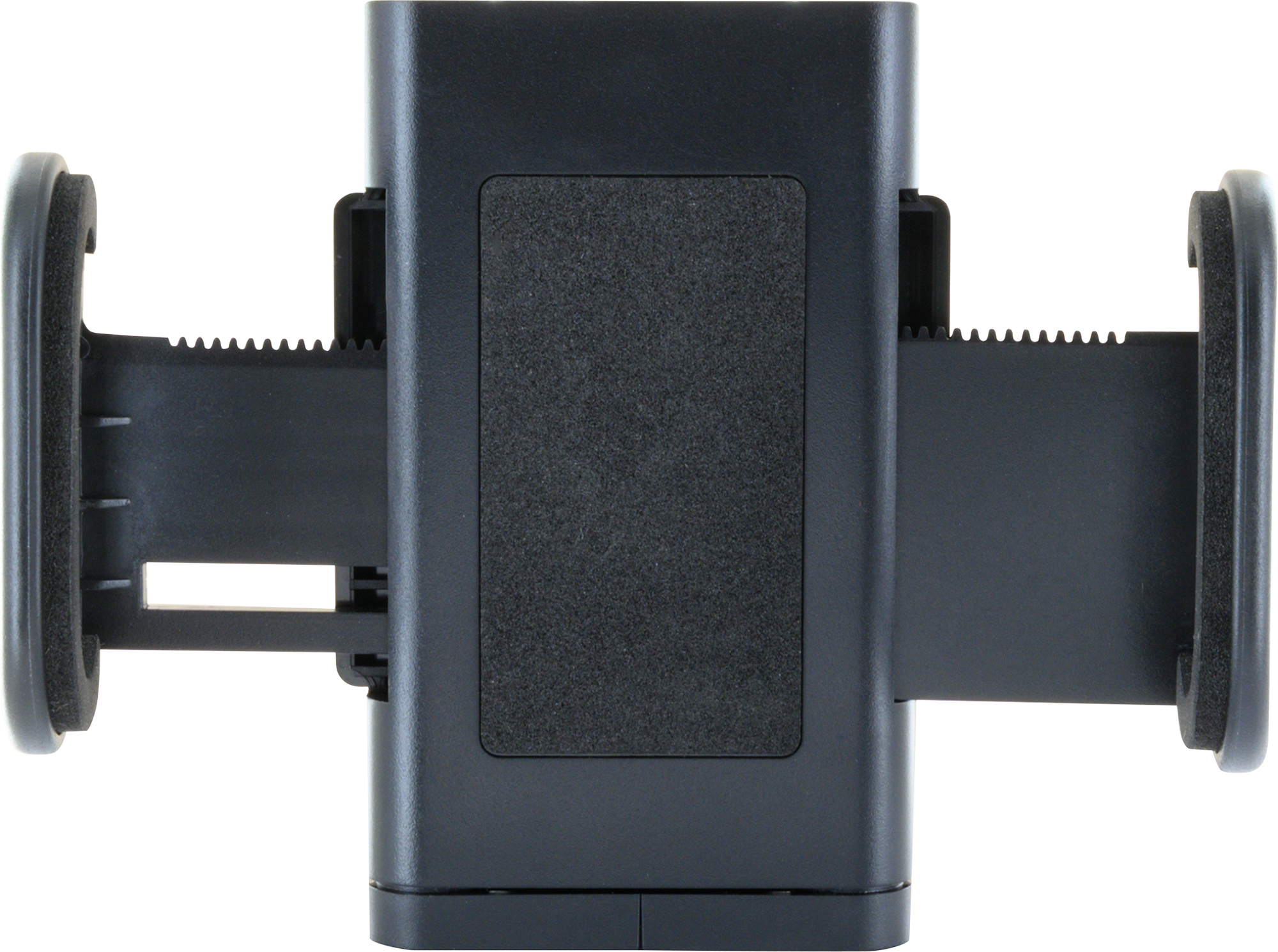 Ein schwarzer Handyhalter mit verstellbaren Armen und Gummipolstern.