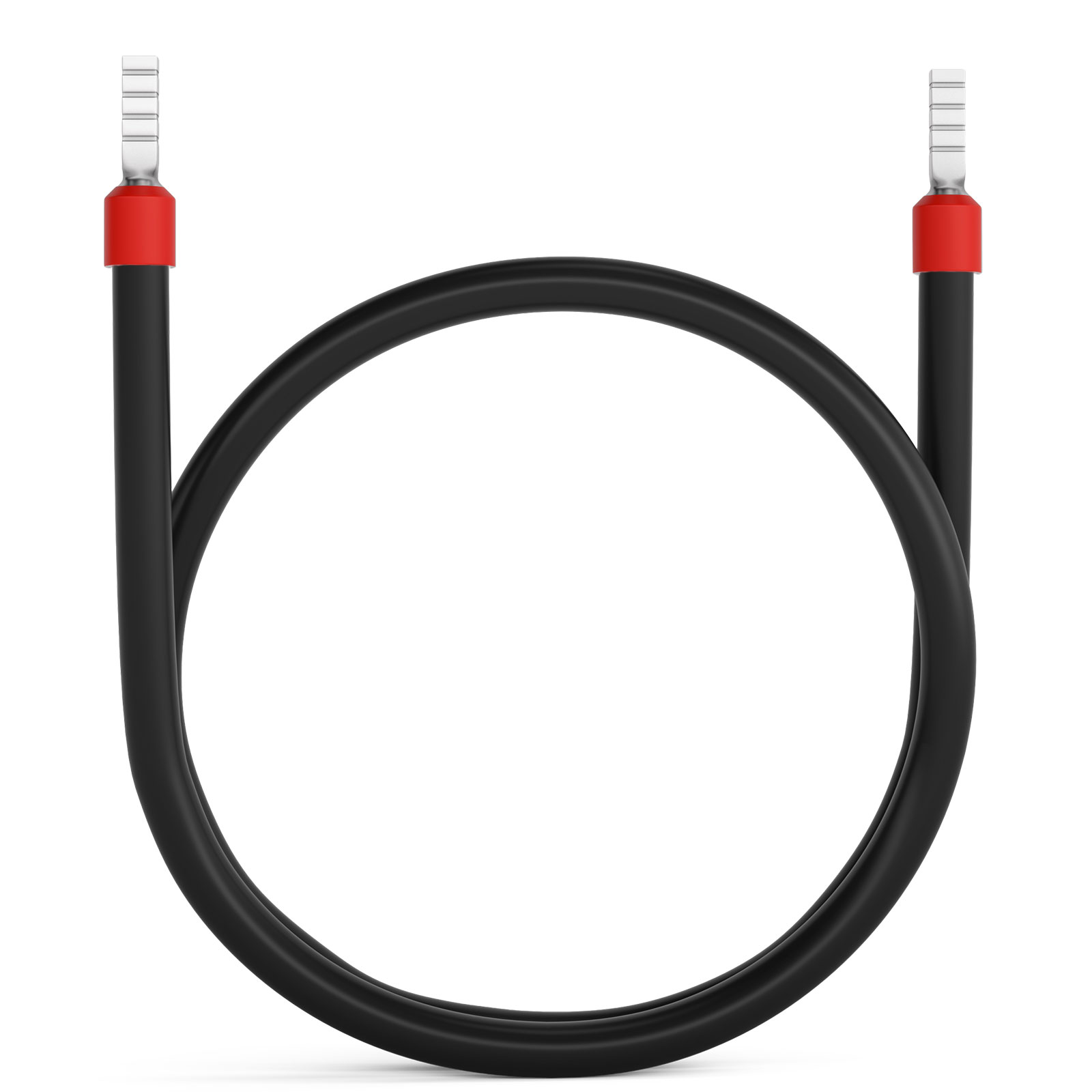 Schwarzes Kabel mit roten Anschlüssen und Metallklemmen.