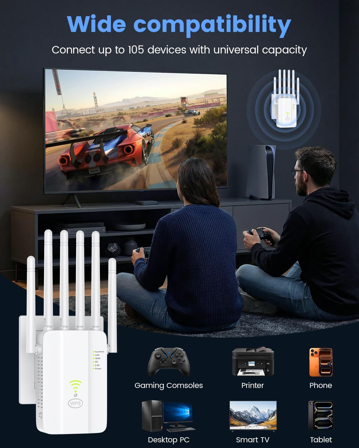 Ein WLAN-Repeater und Geräte wie Spielkonsolen, Drucker, PCs, Smartphones und Tablets.