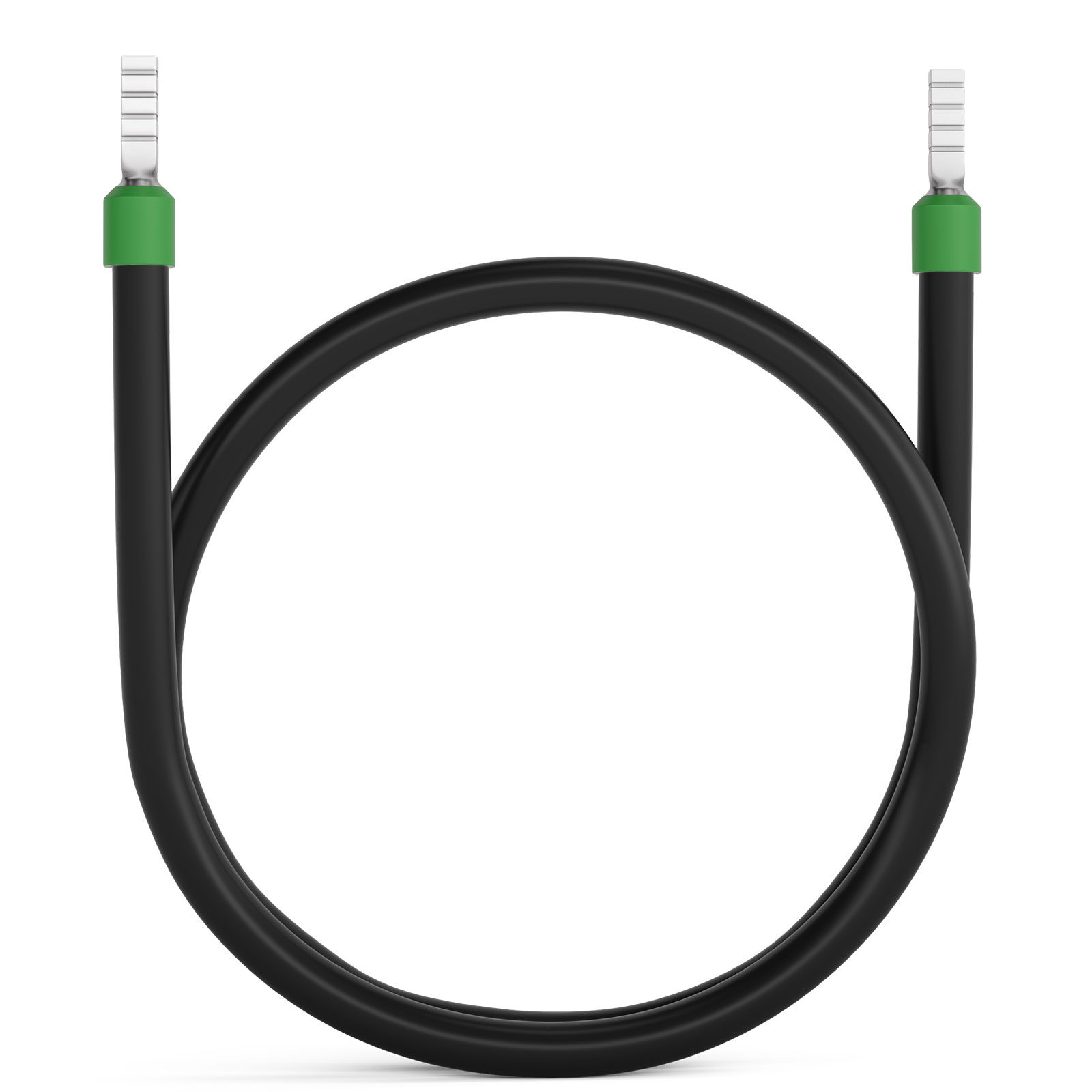 Schwarzes Kabel mit grünen Anschlüssen und Metallklemmen an beiden Enden, in einer Schleife.
