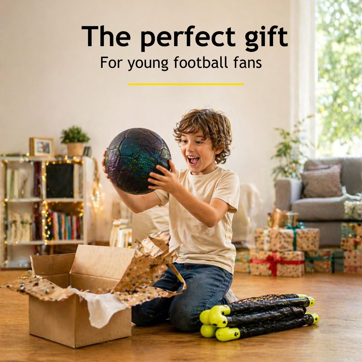 A boy holds a colorful ball, next to an open package and soccer goals.
