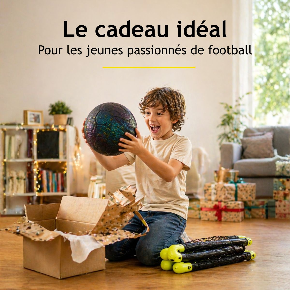 A boy excitedly holds a soccer ball, with gifts and packaging on the floor.