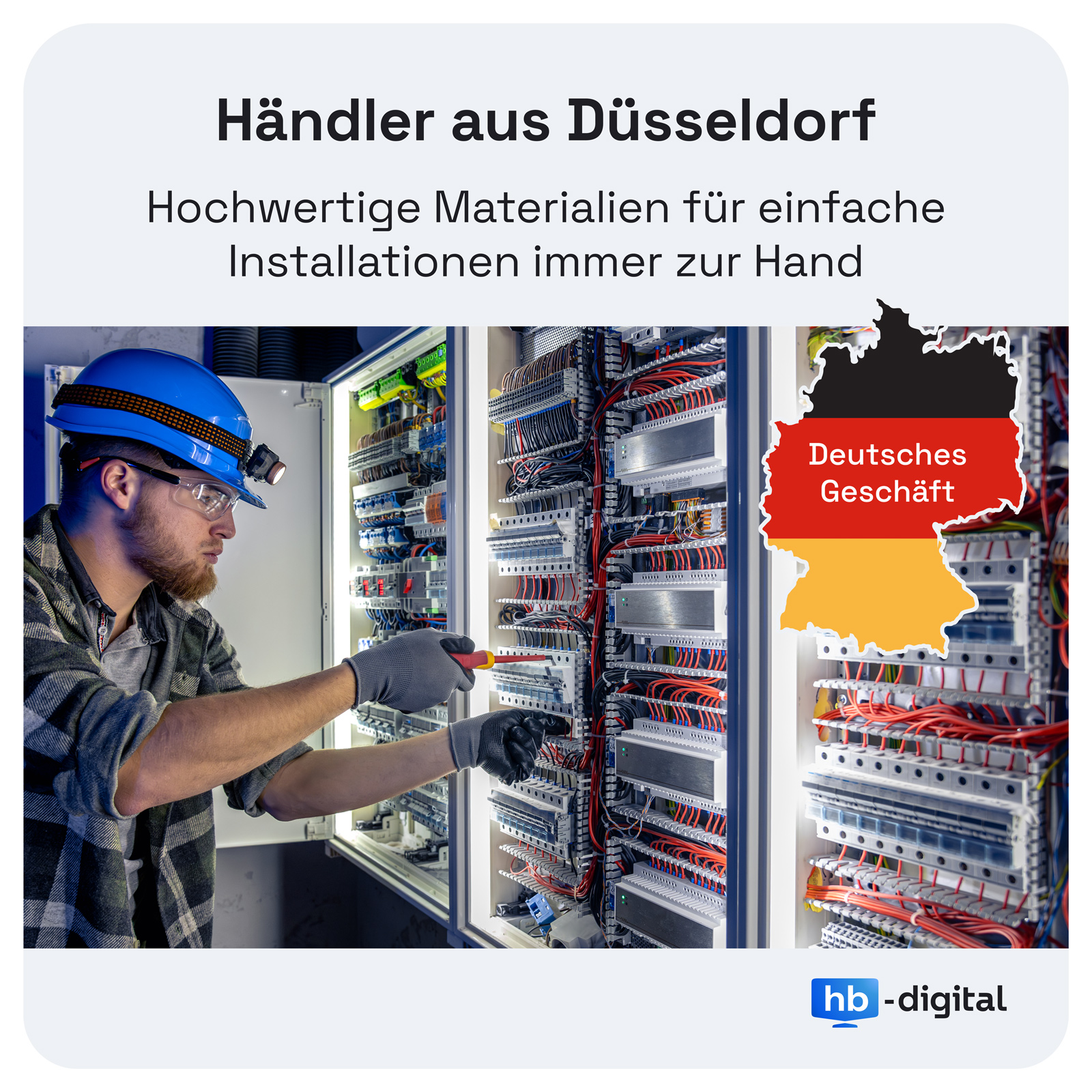 Elektriker mit Helm und Lampe arbeitet an Schaltschrank mit vielen Kabeln.